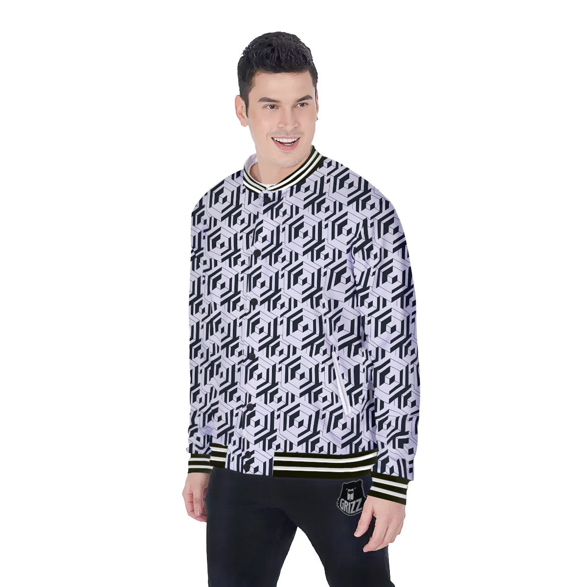 Geometric Simple Black And White Print Pattern Baseball Jacket-grizzshop