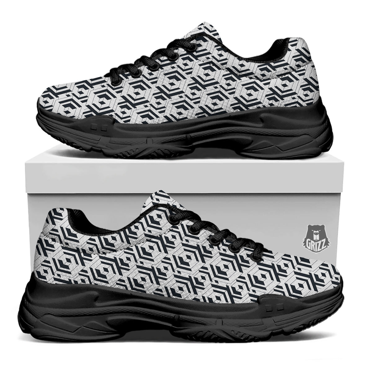 Geometric Simple Black And White Print Pattern Black Chunky Shoes-grizzshop