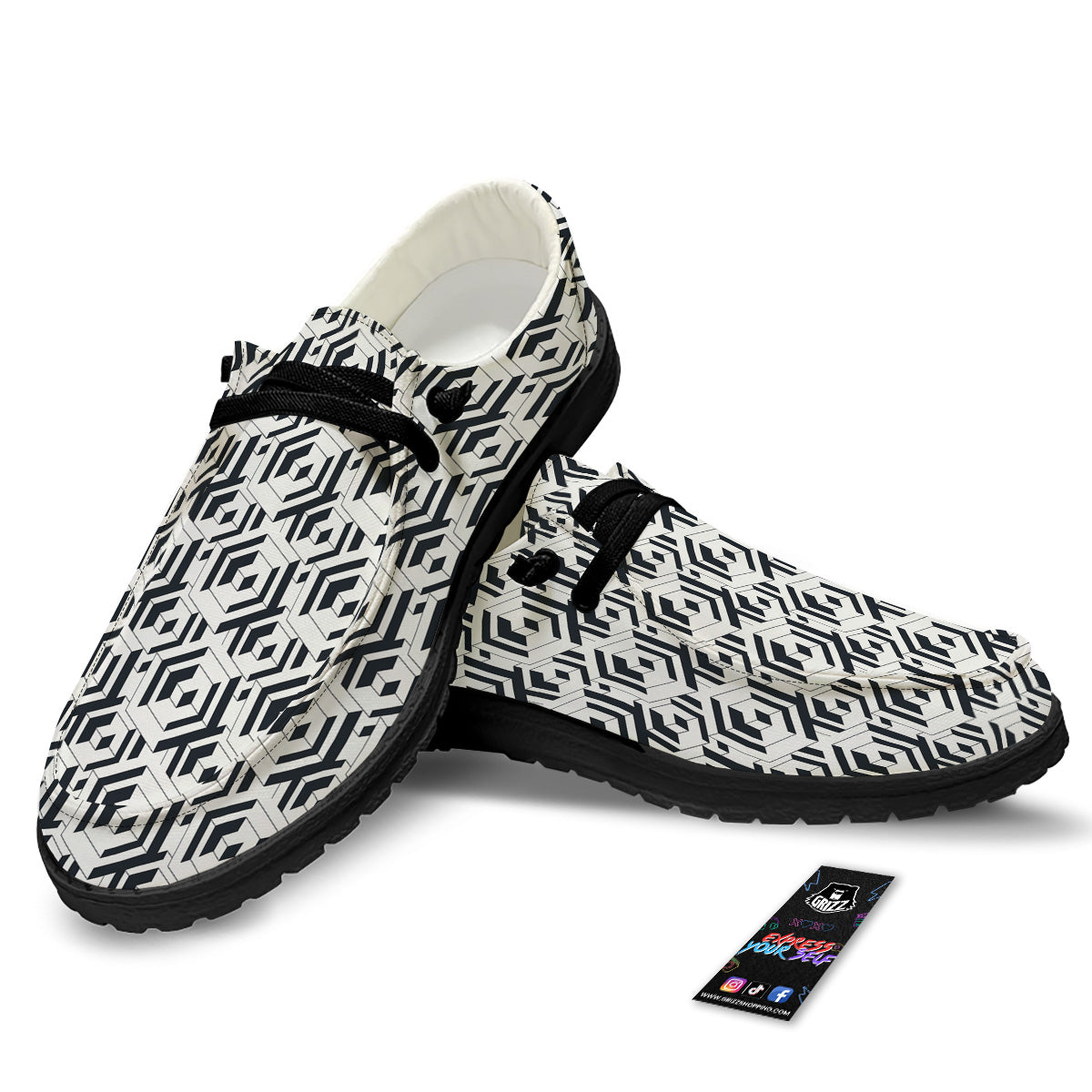 Geometric Simple Black And White Print Pattern Black Loafers-grizzshop