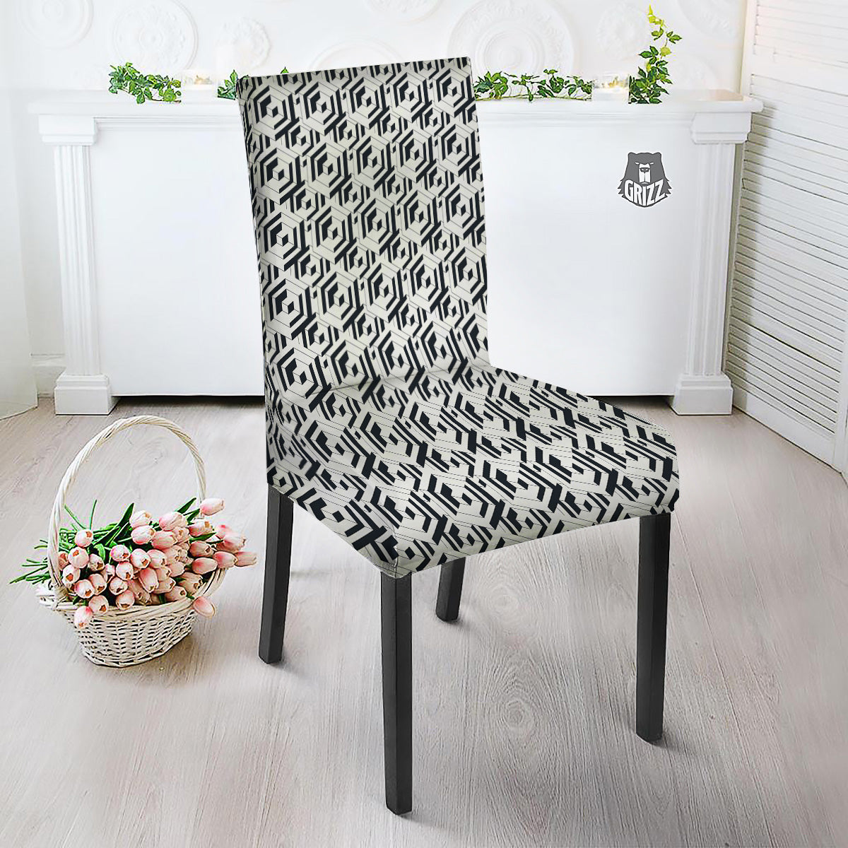 Geometric Simple Black And White Print Pattern Dining Chair Slipcover-grizzshop