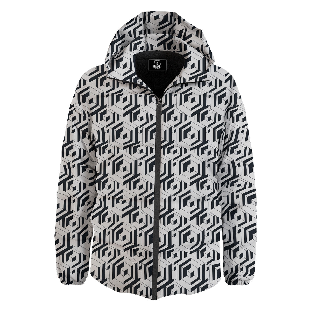 Geometric Simple Black And White Print Pattern Down Jacket-grizzshop