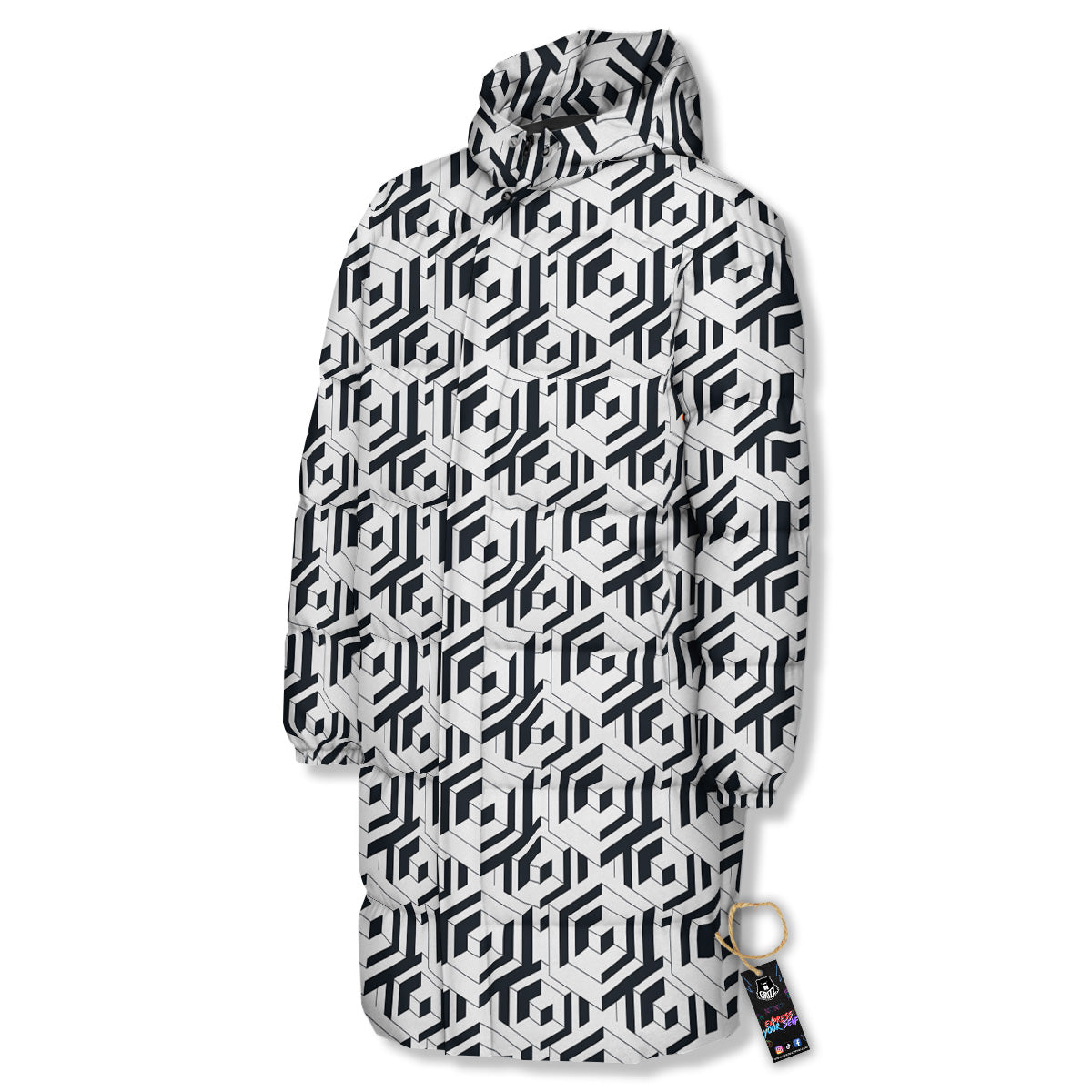 Geometric Simple Black And White Print Pattern Long Down Jacket-grizzshop