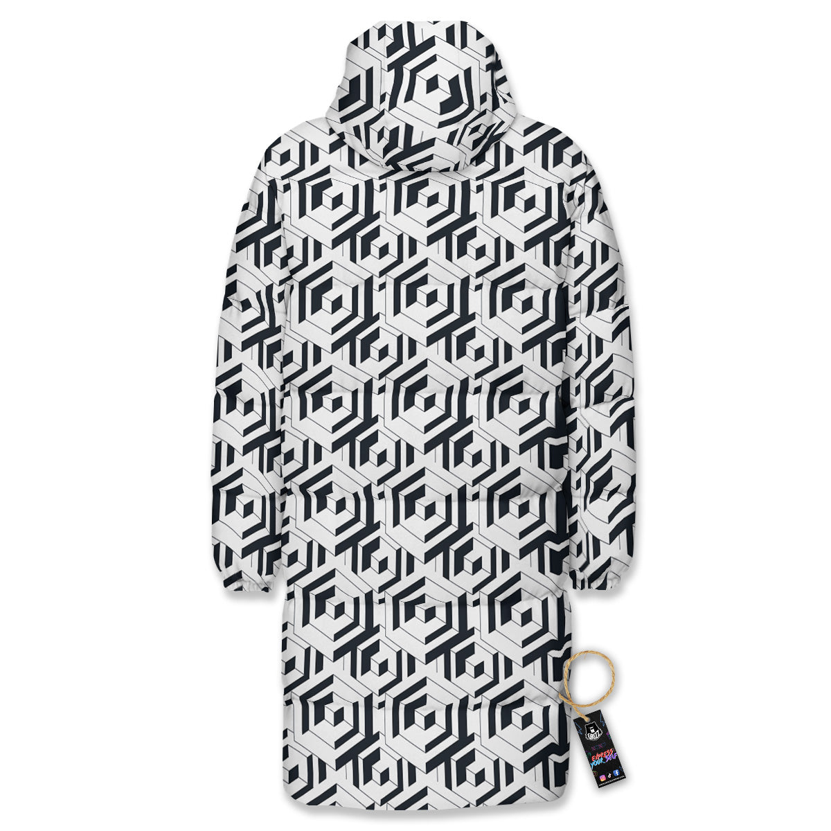Geometric Simple Black And White Print Pattern Long Down Jacket-grizzshop