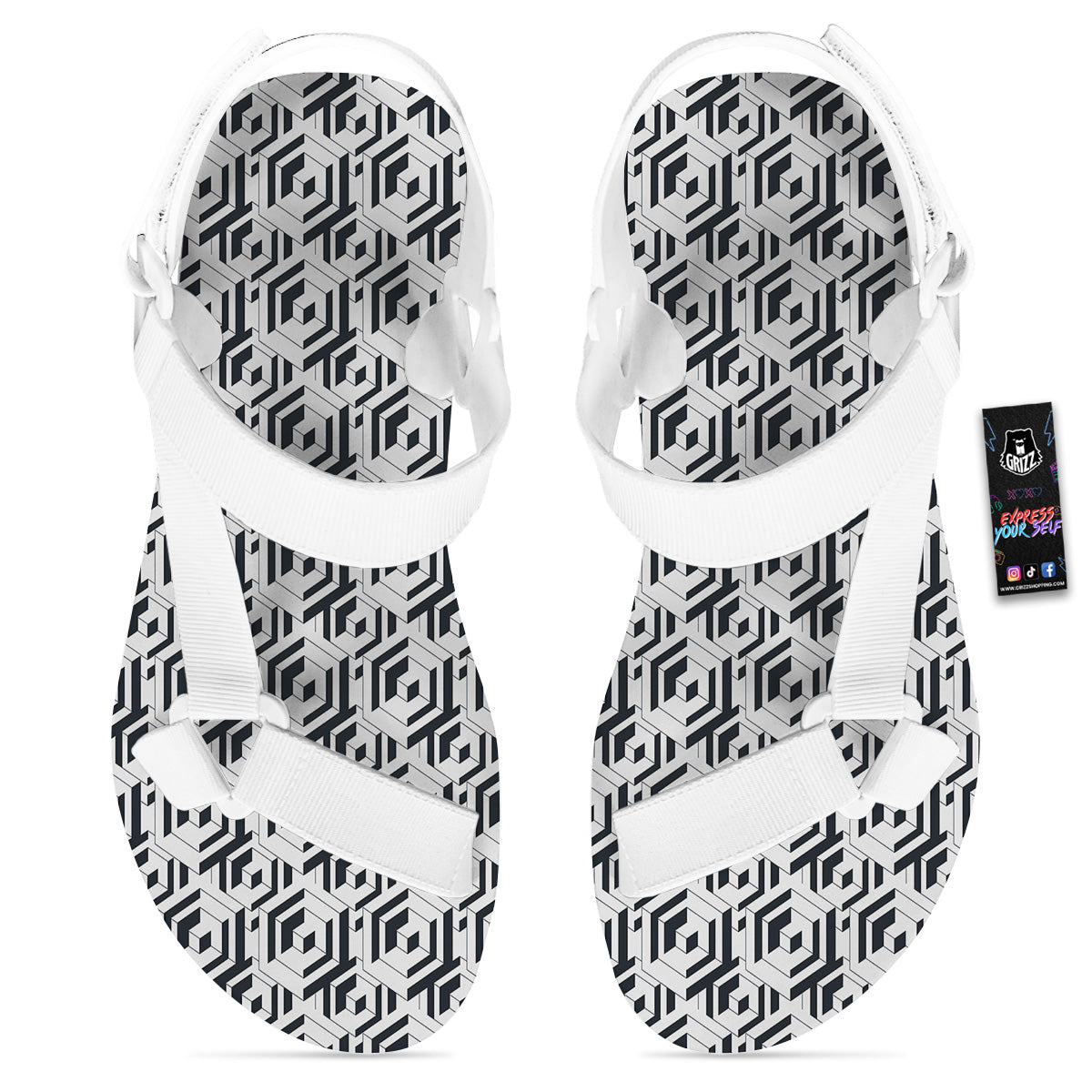 Geometric Simple Black And White Print Pattern White Open Toe Sandals-grizzshop