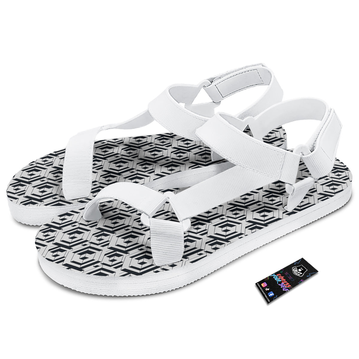 Geometric Simple Black And White Print Pattern White Open Toe Sandals-grizzshop