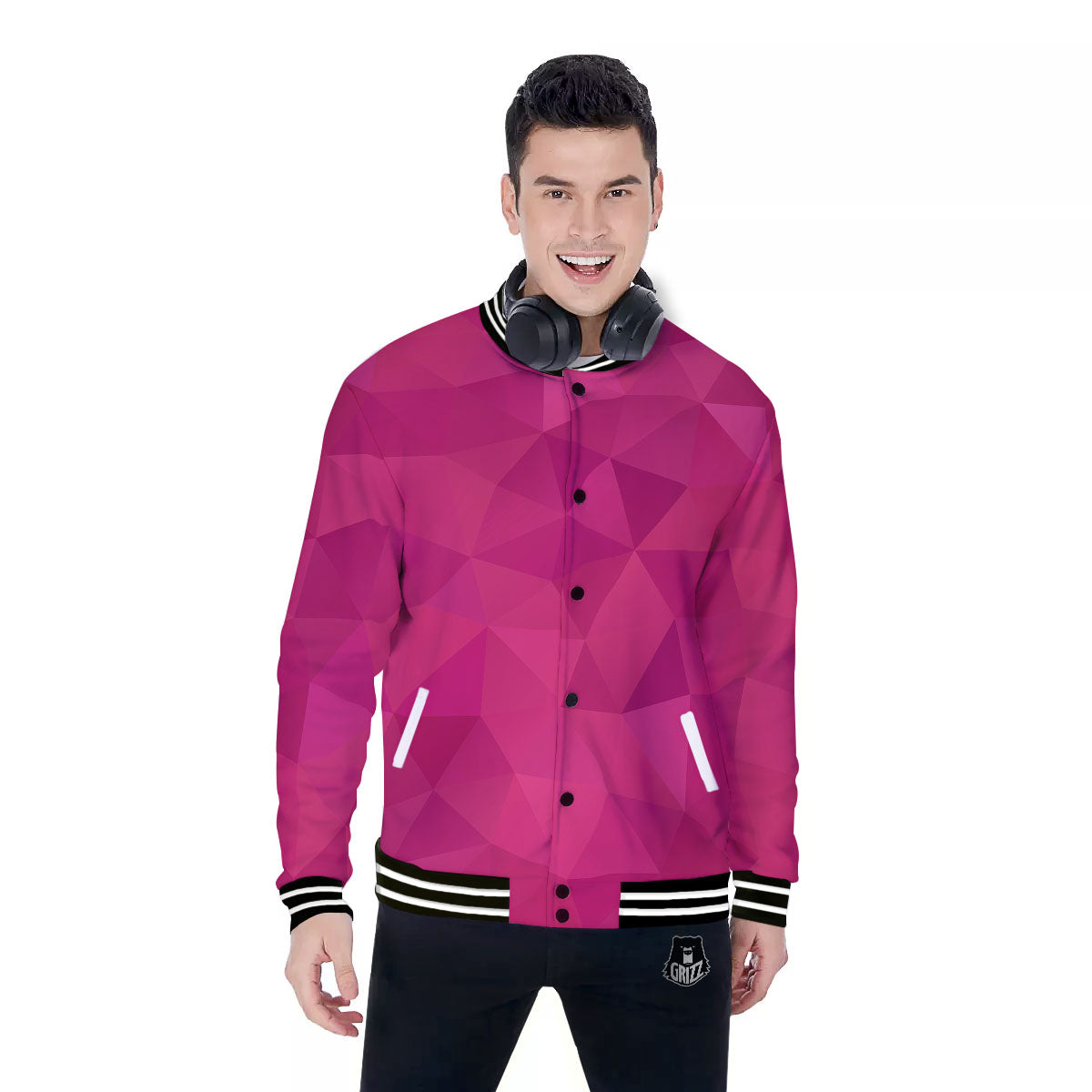 Geometric Square Pink Print Pattern Baseball Jacket-grizzshop