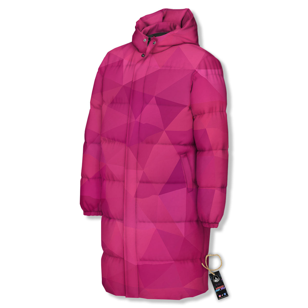 Geometric Square Pink Print Pattern Long Down Jacket-grizzshop