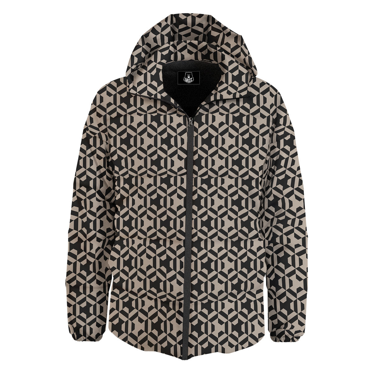 Geometric Triangle Beige And Black Print Down Jacket-grizzshop