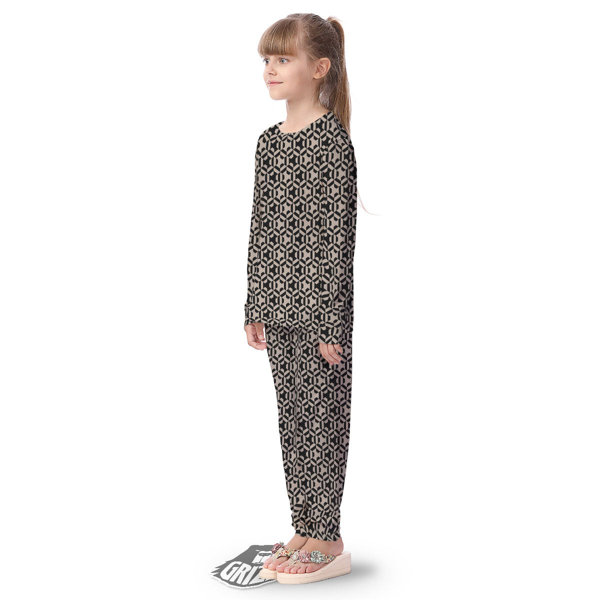 Geometric Triangle Beige And Black Print Kid's Pajamas-grizzshop