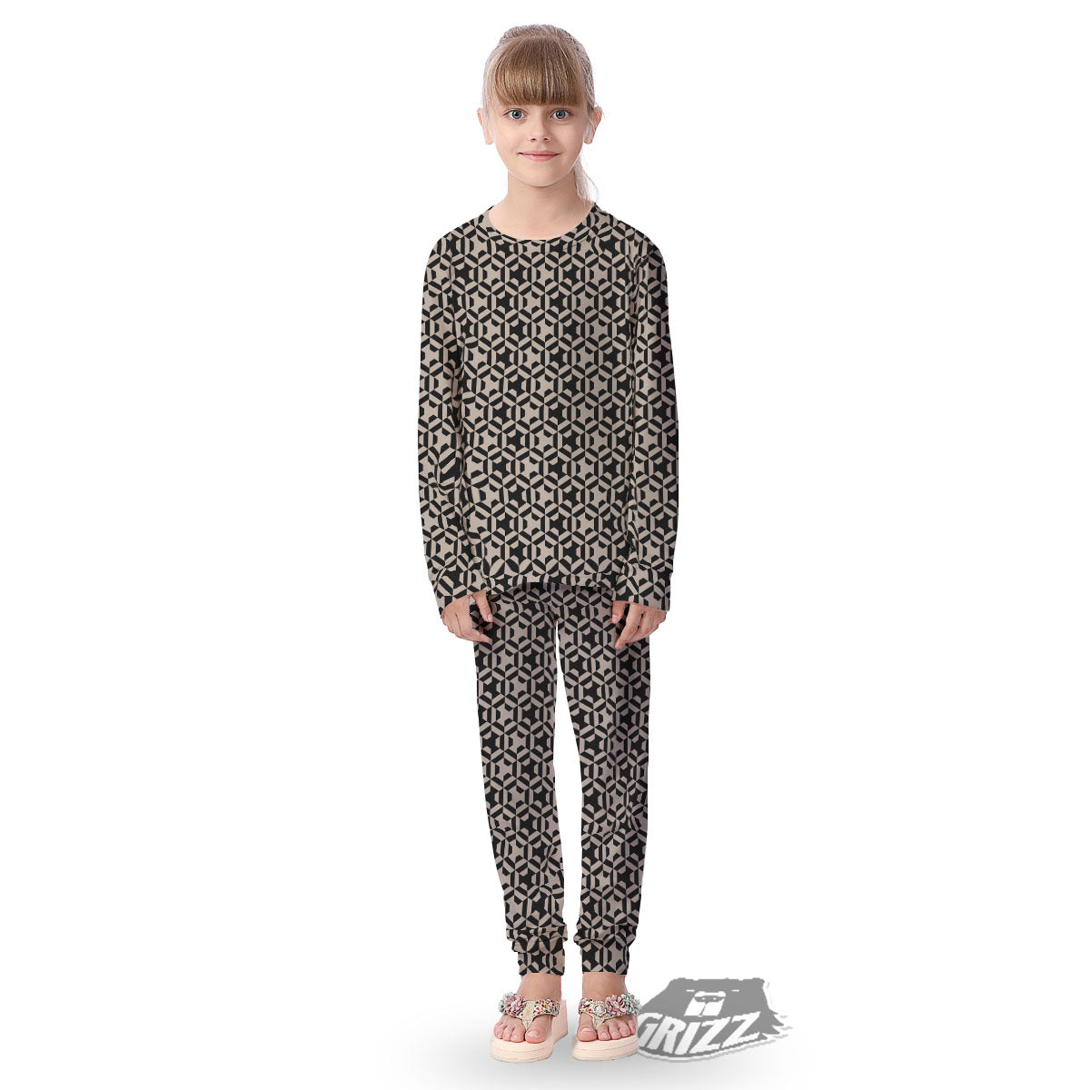 Geometric Triangle Beige And Black Print Kid's Pajamas-grizzshop