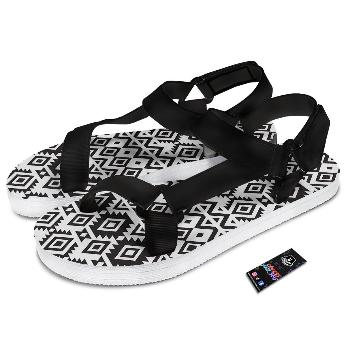 Geometric Tribal Aztec Print Pattern Black Open Toe Sandals-grizzshop