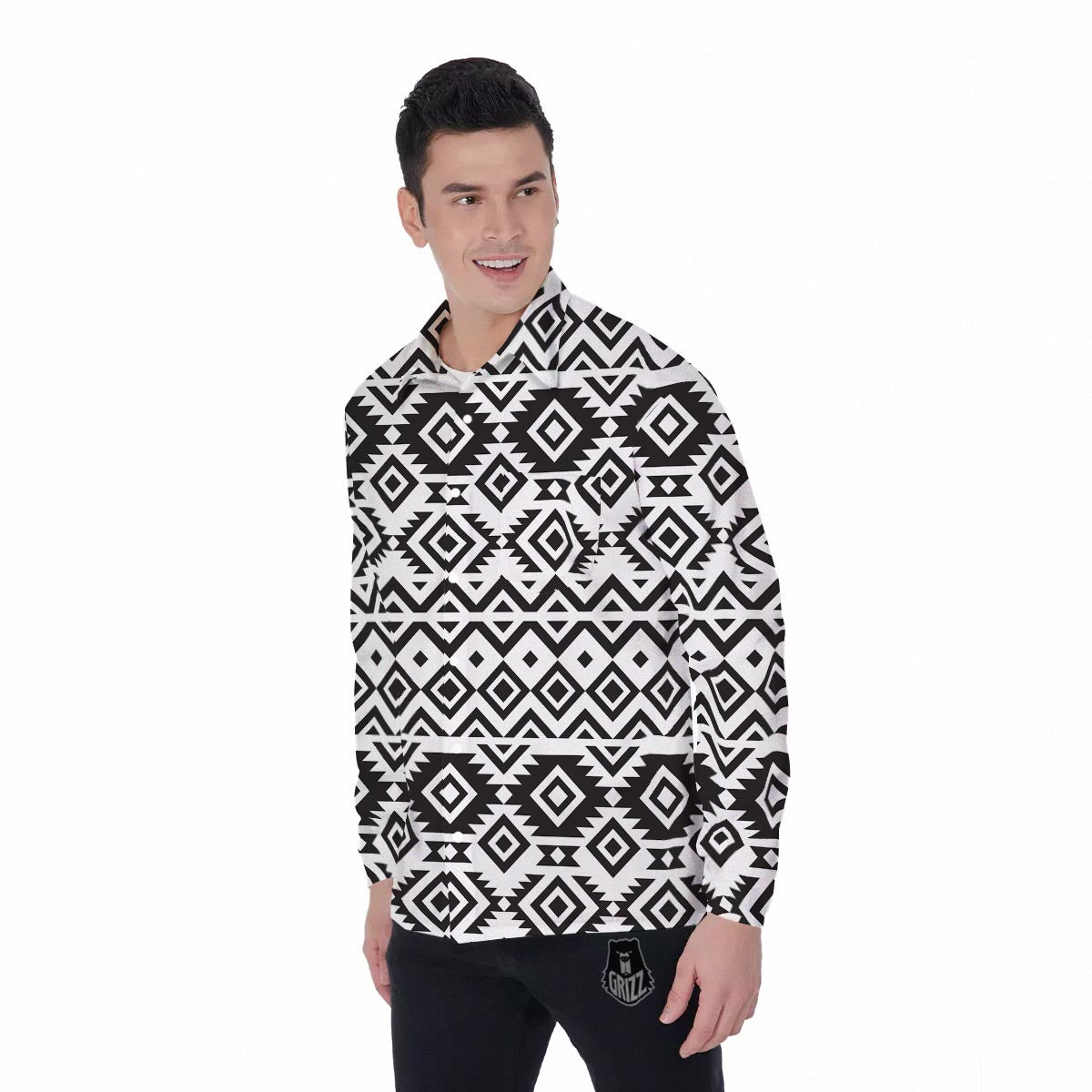 Geometric Tribal Aztec Print Pattern Men's Long Sleeve Shirts-grizzshop