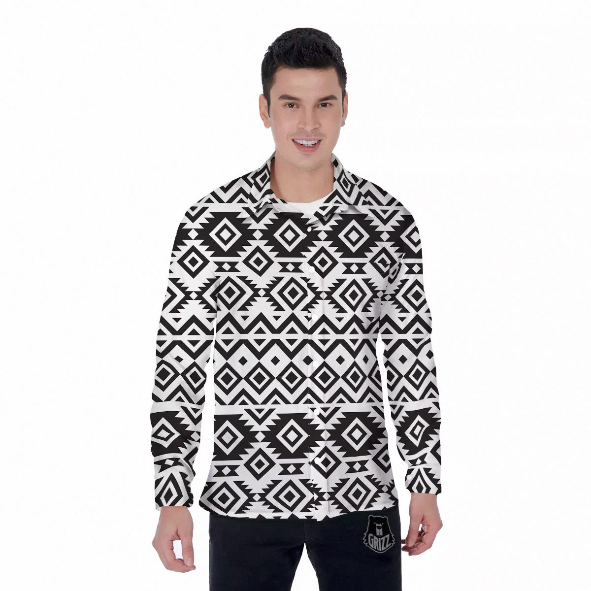 Geometric Tribal Aztec Print Pattern Men's Long Sleeve Shirts-grizzshop