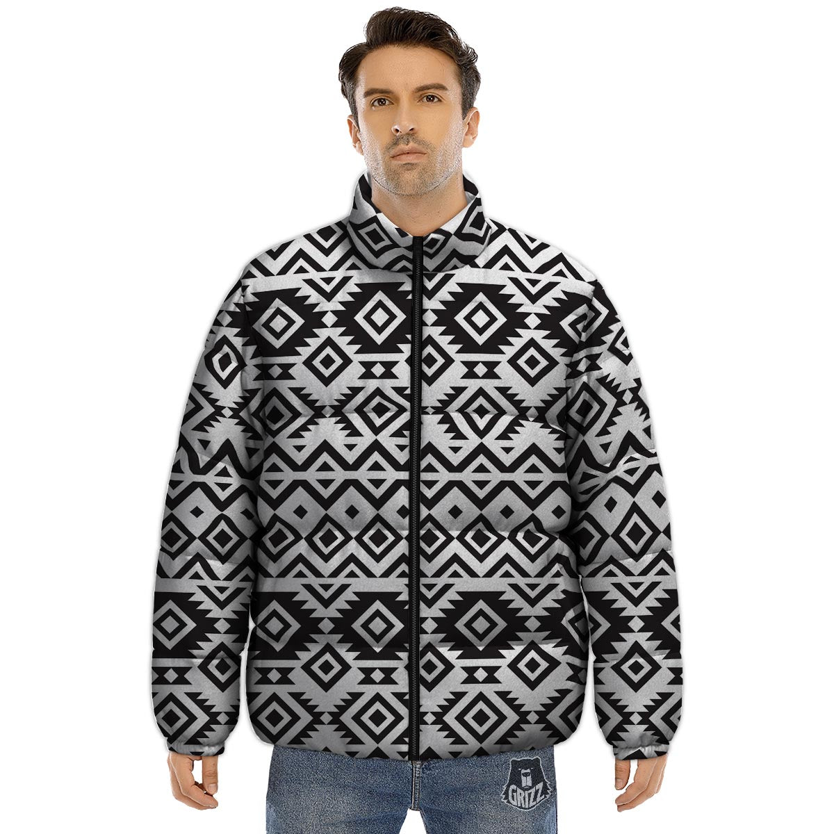 Geometric Tribal Aztec Print Pattern Puffer Jacket-grizzshop