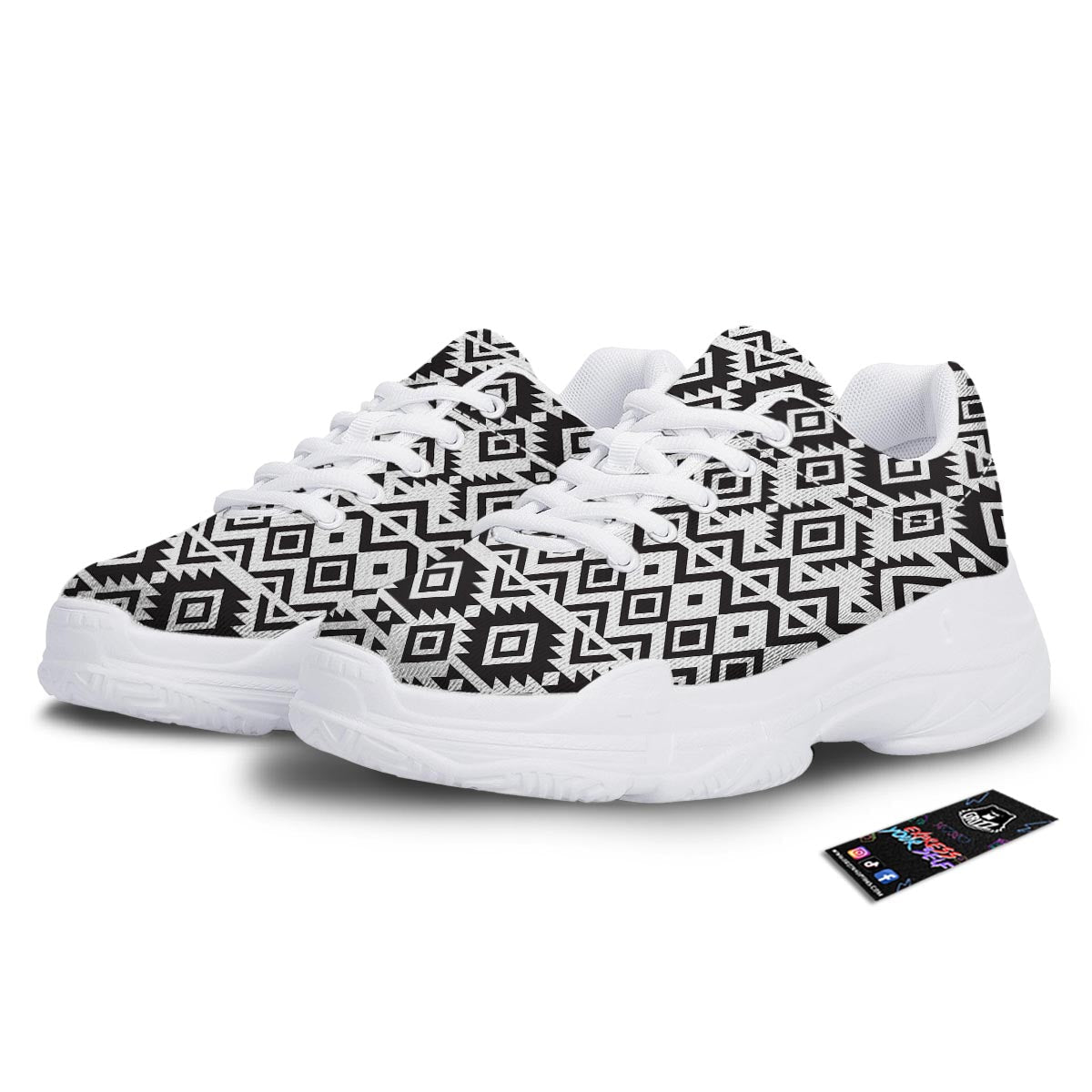 Geometric Tribal Aztec Print Pattern White Chunky Shoes-grizzshop