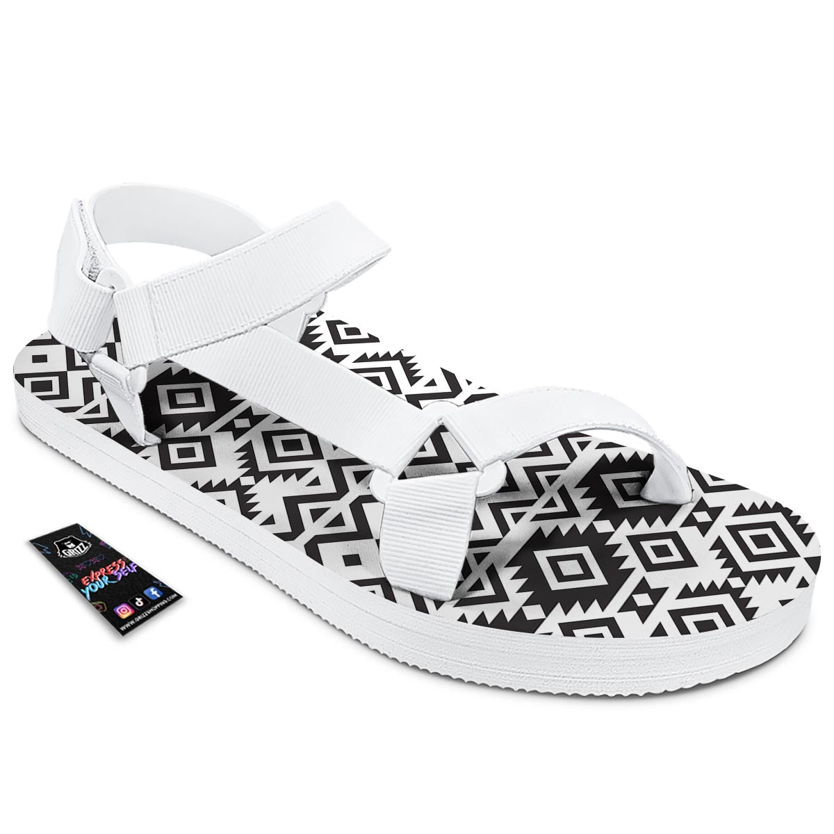 Geometric Tribal Aztec Print Pattern White Open Toe Sandals-grizzshop
