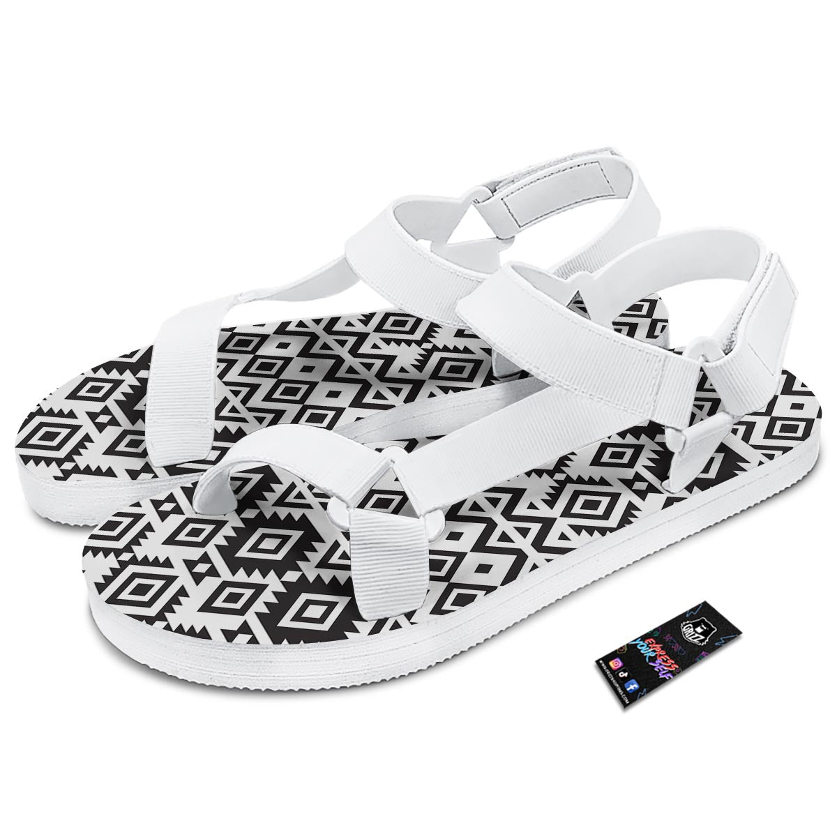 Geometric Tribal Aztec Print Pattern White Open Toe Sandals-grizzshop