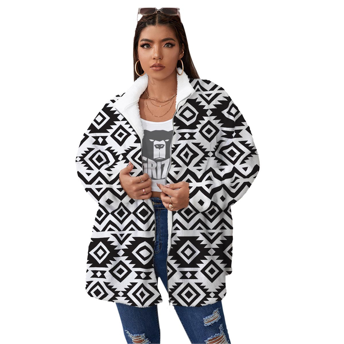 Geometric Tribal Aztec Print Pattern Women's Sherpa Jacket-grizzshop