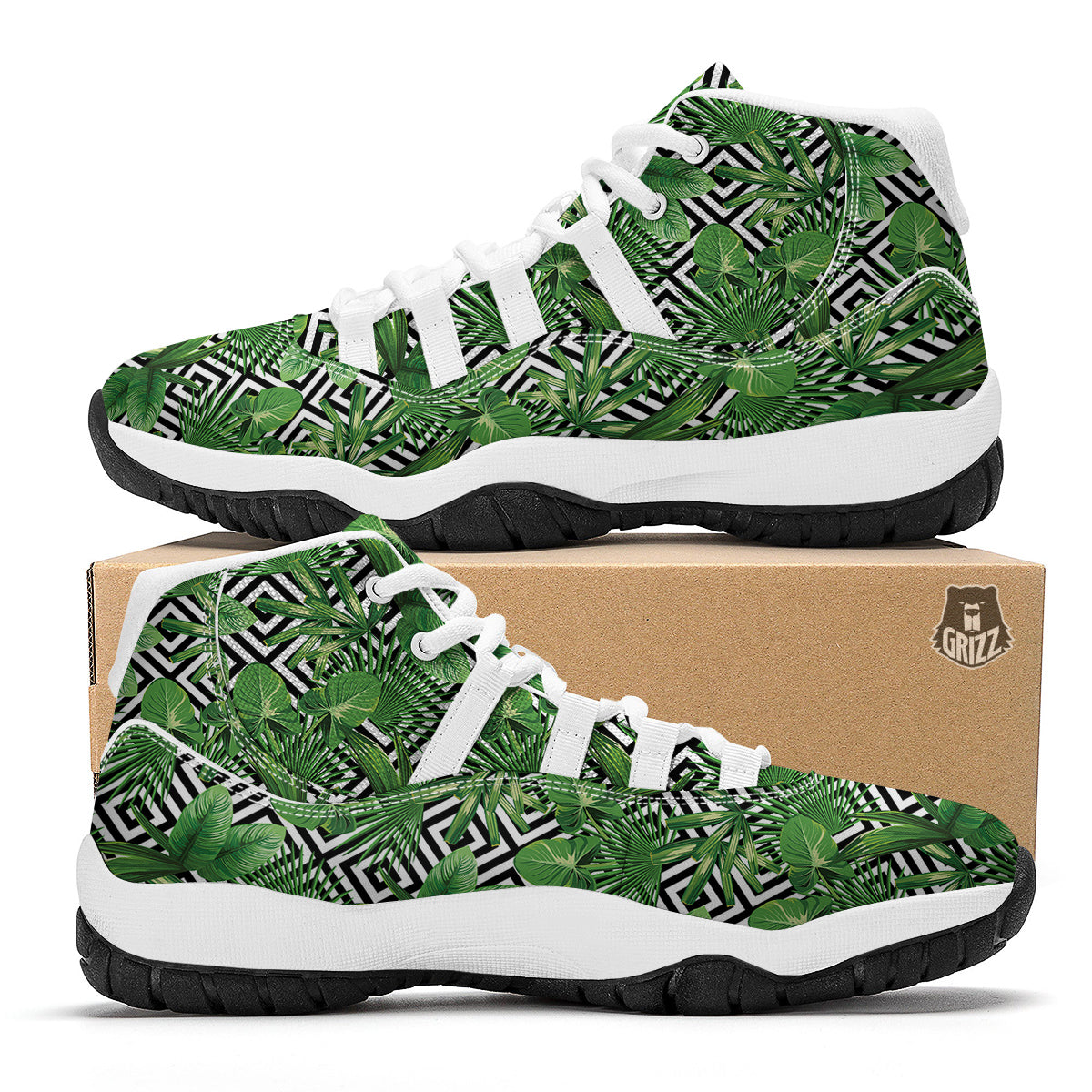 Geometric Tropical Palm Leave White Bball Shoes-grizzshop