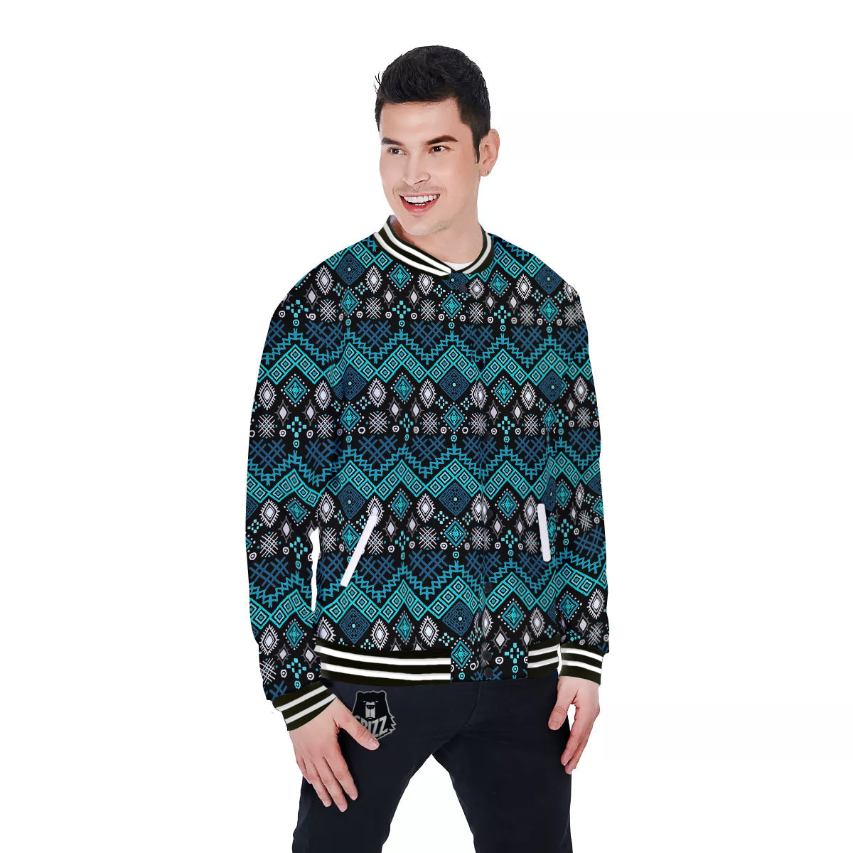 Geometric Turquoise Aztec Print Pattern Baseball Jacket-grizzshop