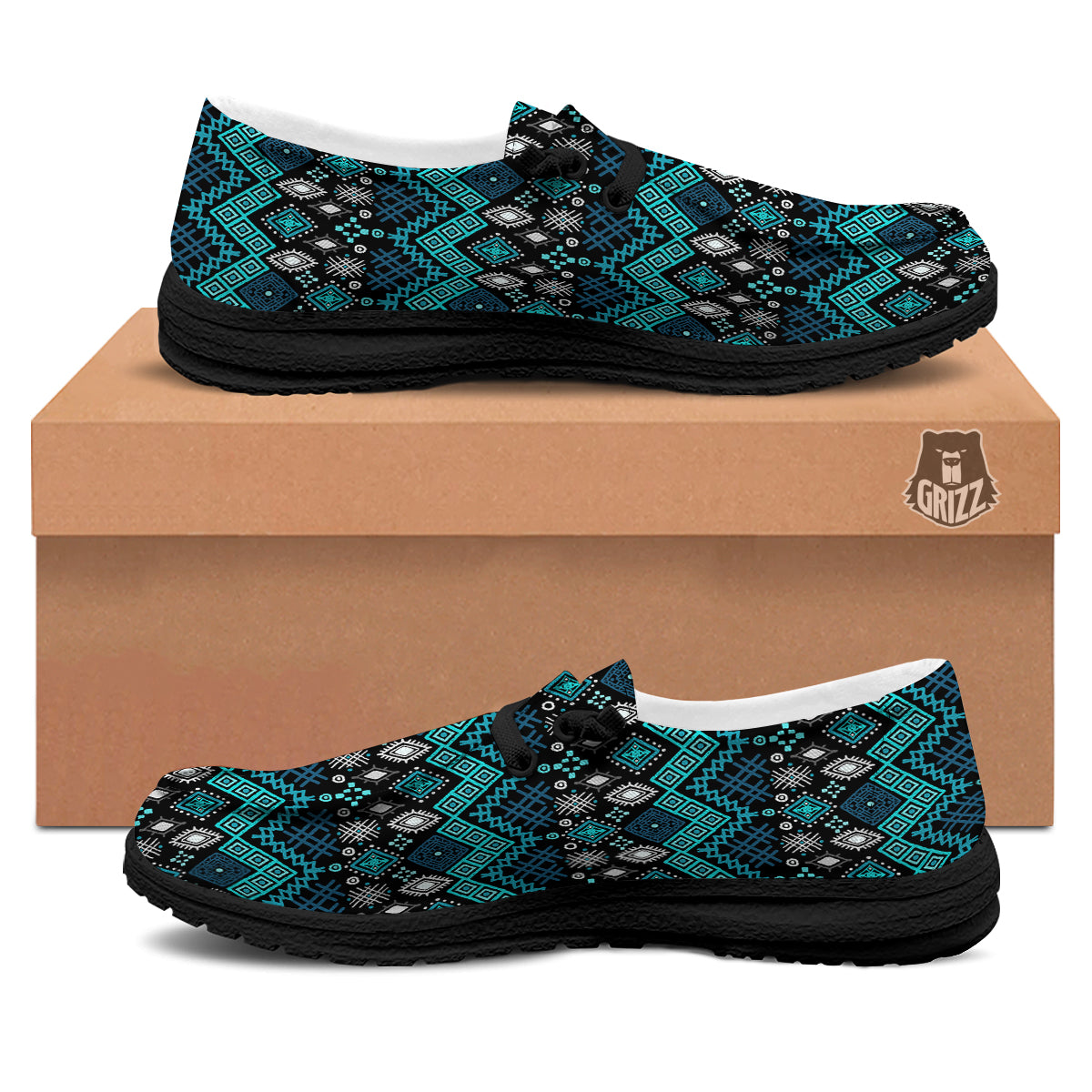 Geometric Turquoise Aztec Print Pattern Black Loafers-grizzshop