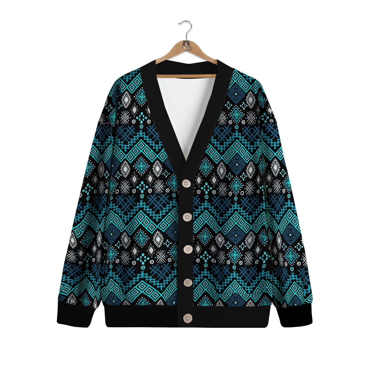 Geometric Turquoise Aztec Print Pattern Cardigan-grizzshop