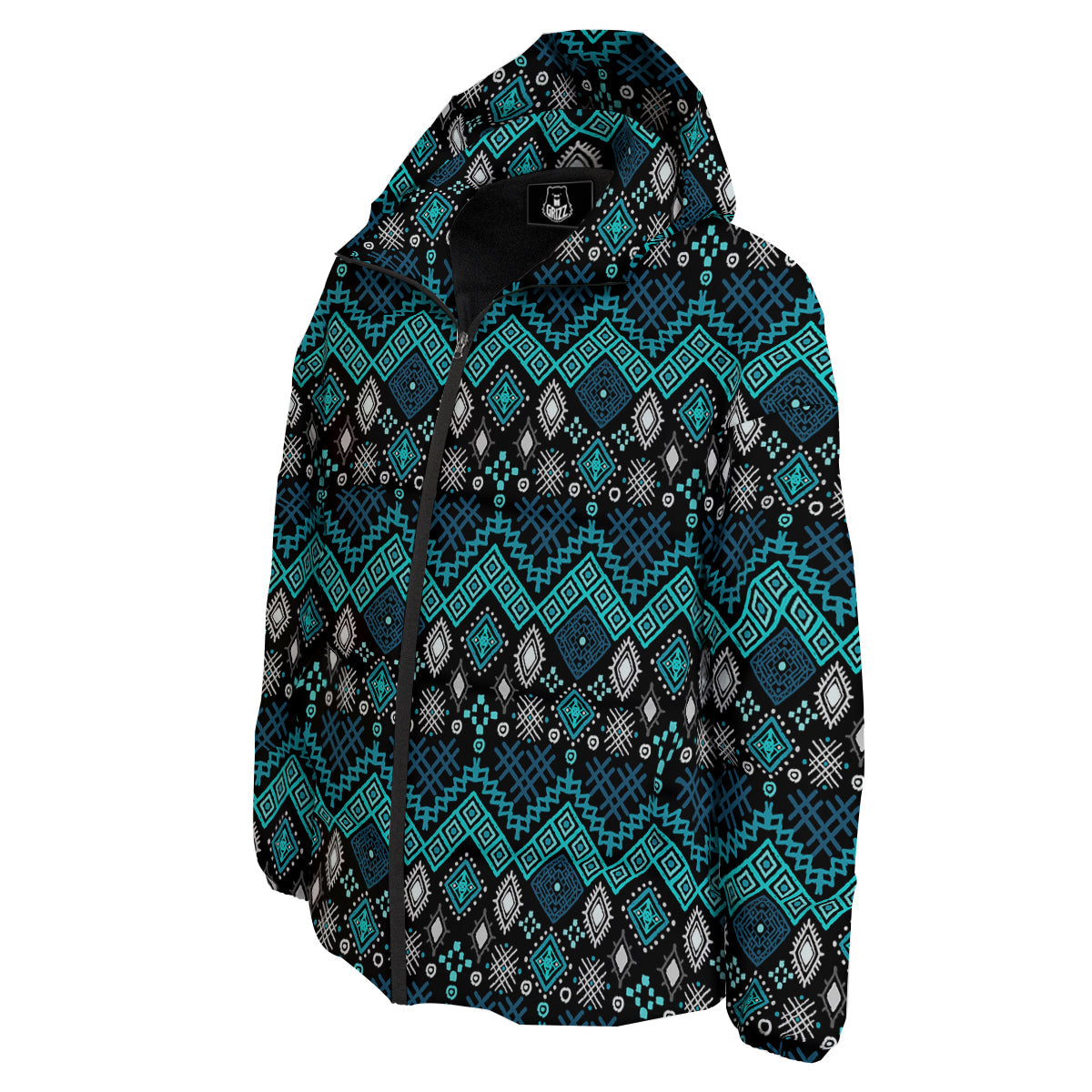 Geometric Turquoise Aztec Print Pattern Down Jacket-grizzshop