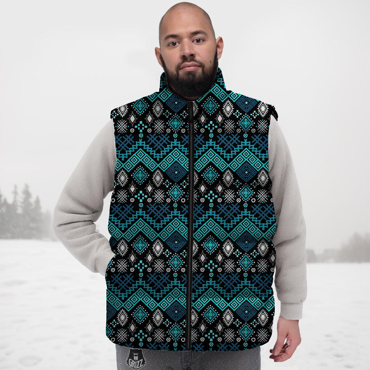 Geometric Turquoise Aztec Print Pattern Down Vest