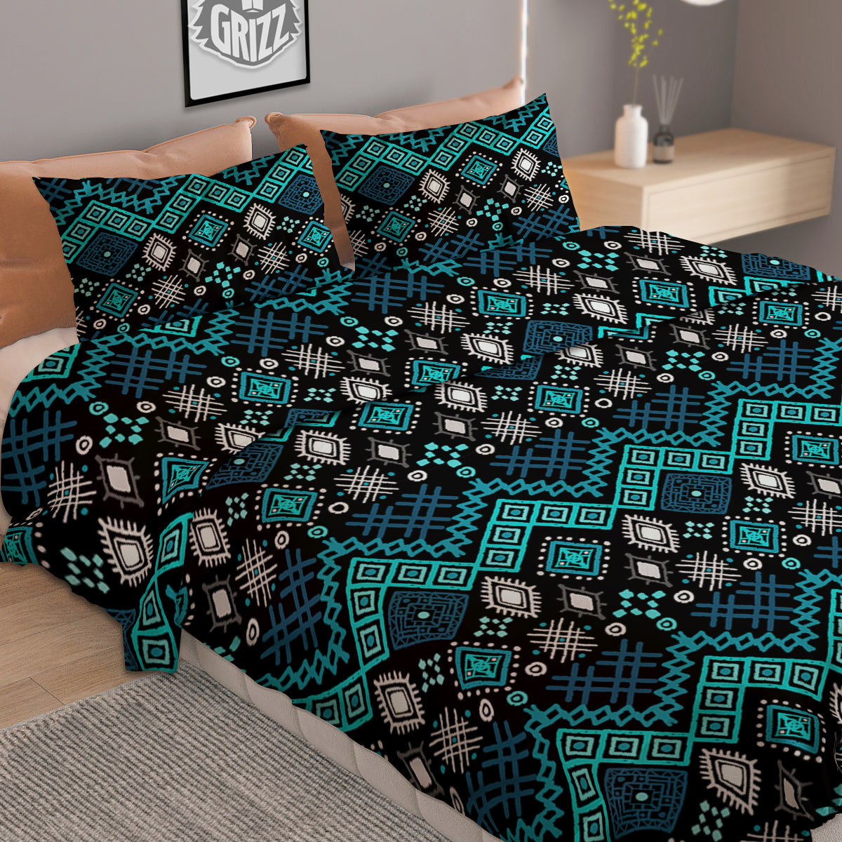 Geometric Turquoise Aztec Print Pattern Duvet Cover Bedding Set