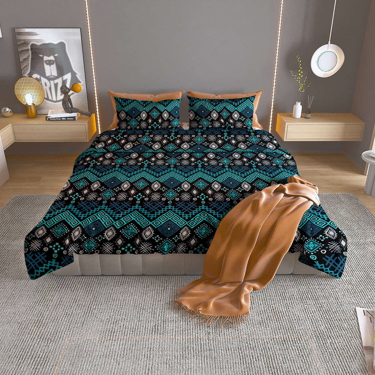 Geometric Turquoise Aztec Print Pattern Duvet Cover Bedding Set