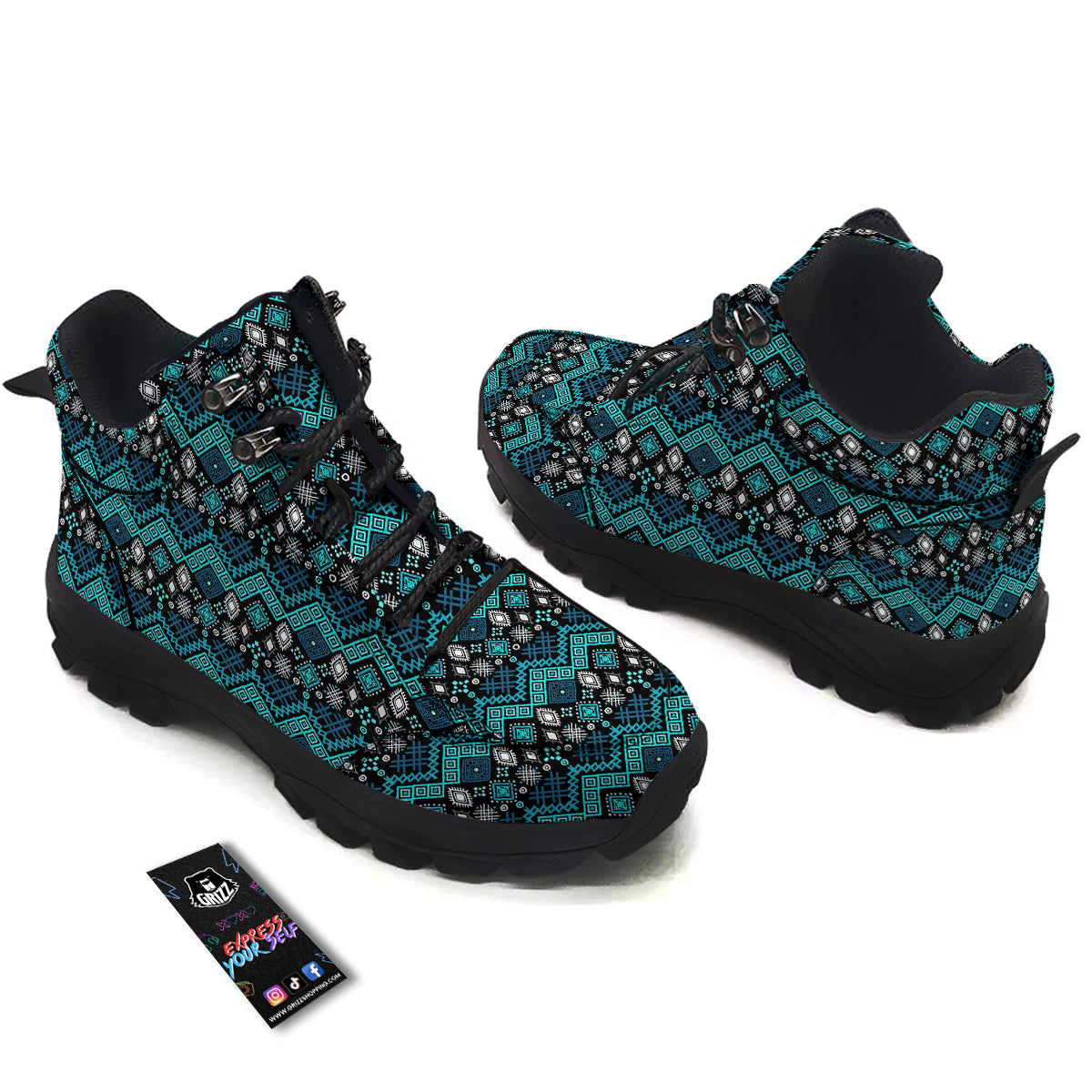 Geometric Turquoise Aztec Print Pattern Hiking Shoes-grizzshop