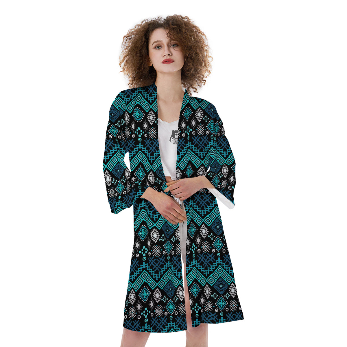 Geometric Turquoise Aztec Print Pattern Kimono-grizzshop