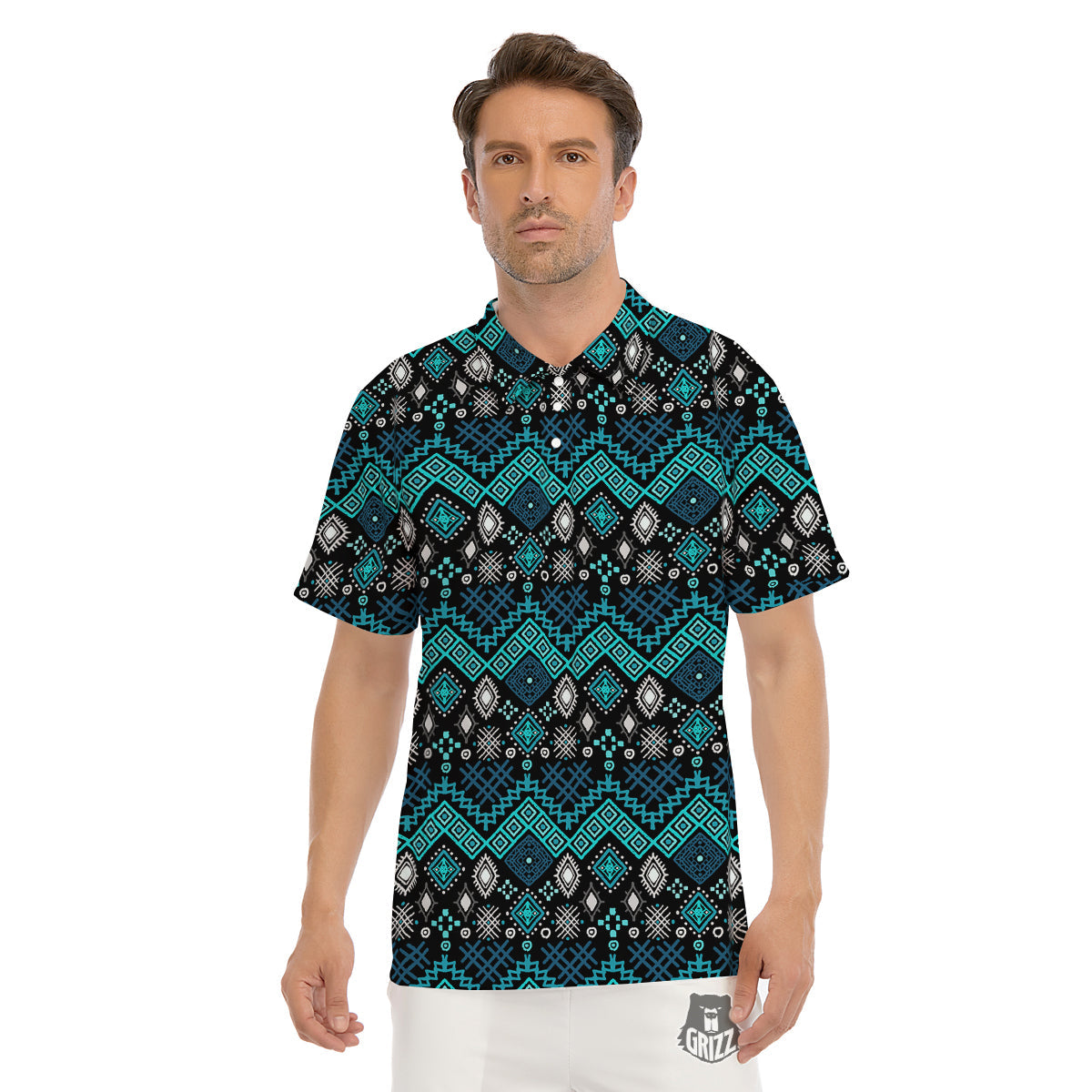Geometric Turquoise Aztec Print Pattern Men's Golf Shirts-grizzshop