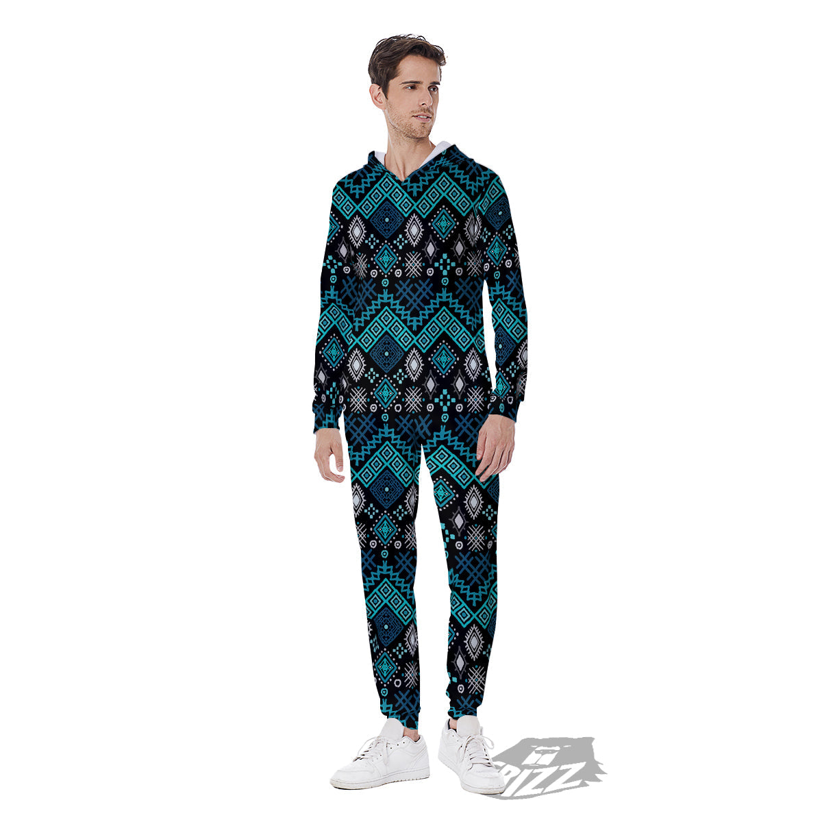 Geometric Turquoise Aztec Print Pattern Men's Jumpsuit-grizzshop