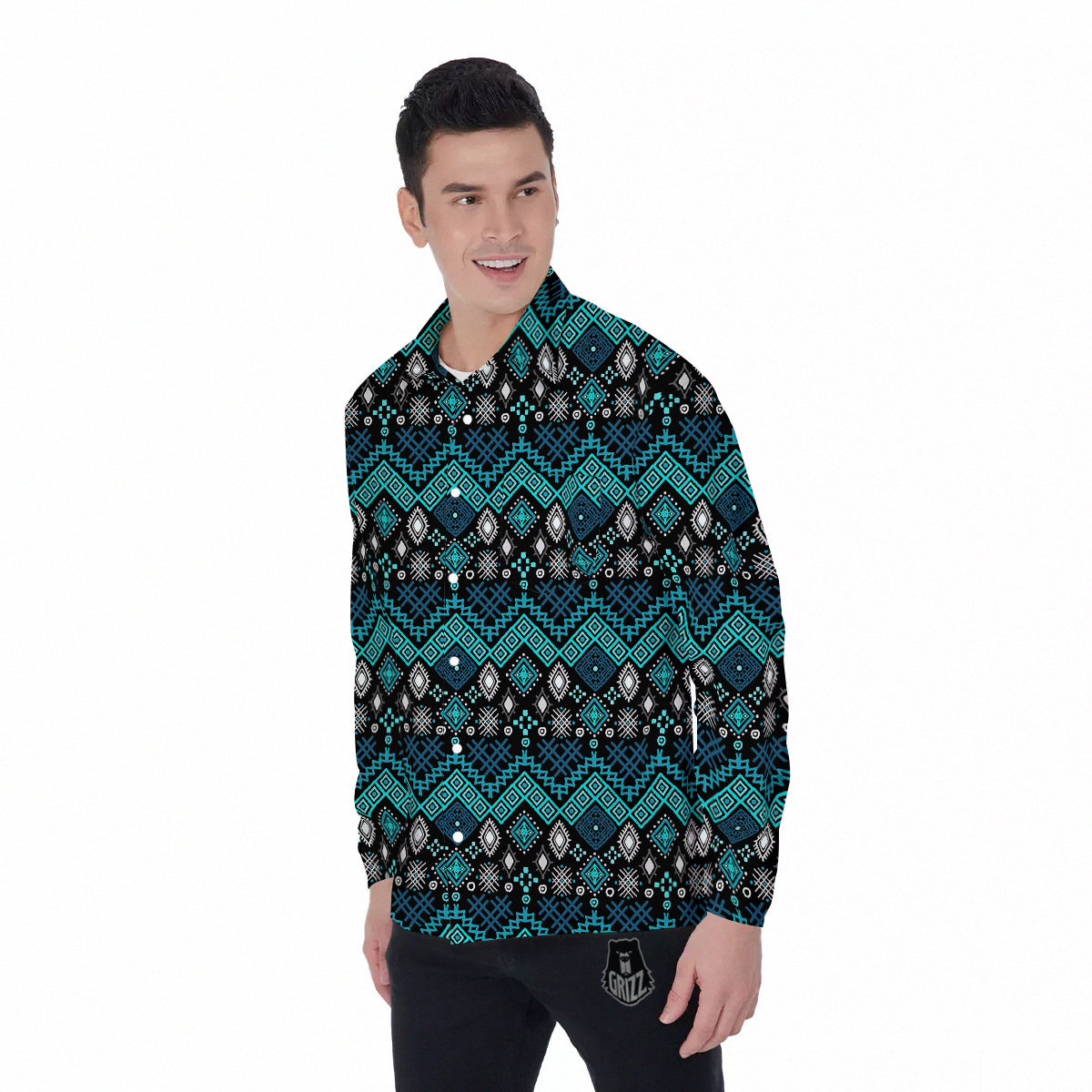 Geometric Turquoise Aztec Print Pattern Men's Long Sleeve Shirts-grizzshop