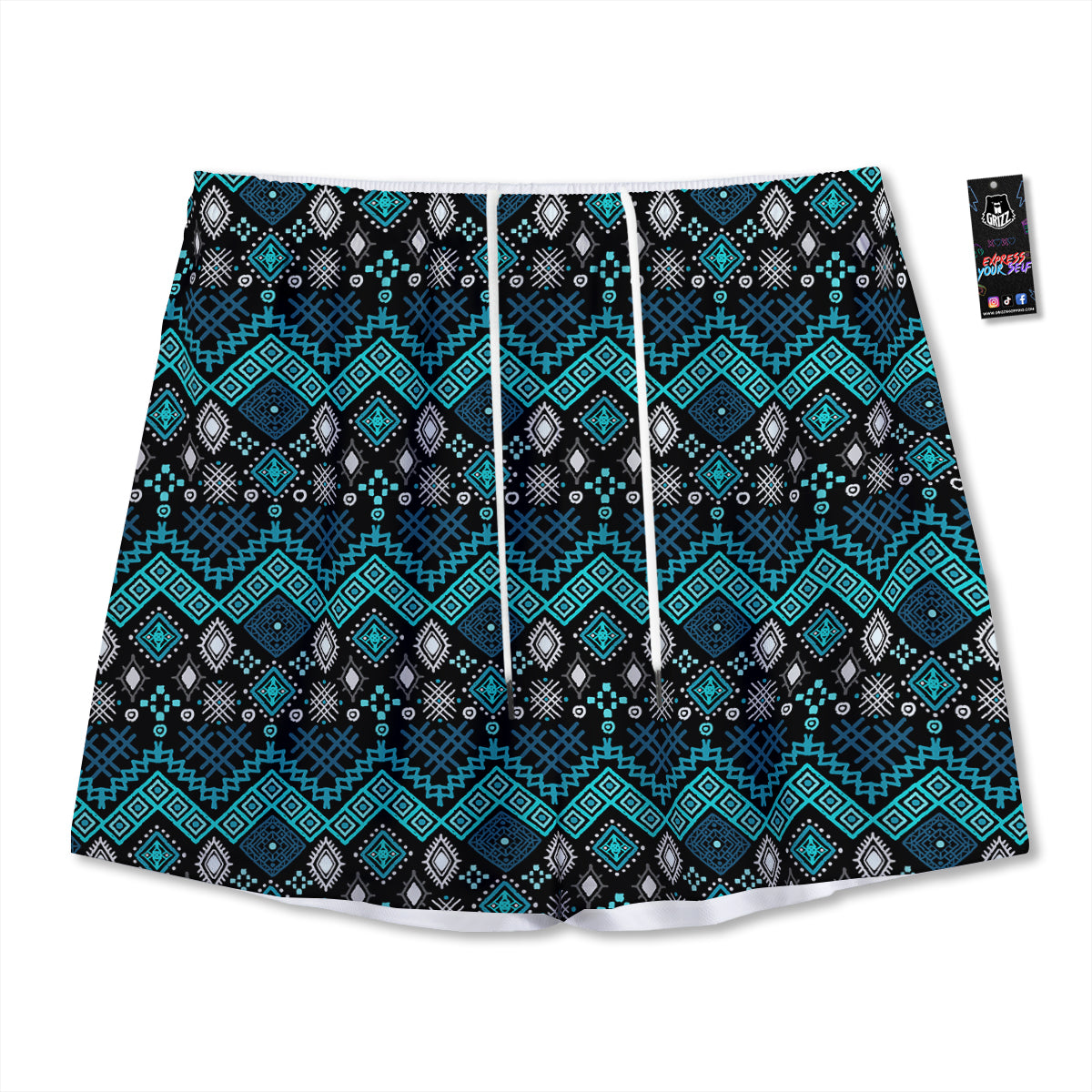 Geometric Turquoise Aztec Print Pattern Mesh Shorts
