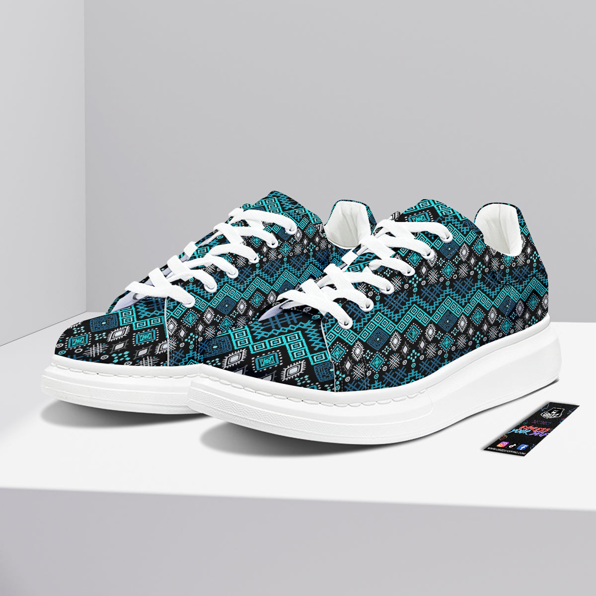 Geometric Turquoise Aztec Print Pattern Platform Shoes-grizzshop