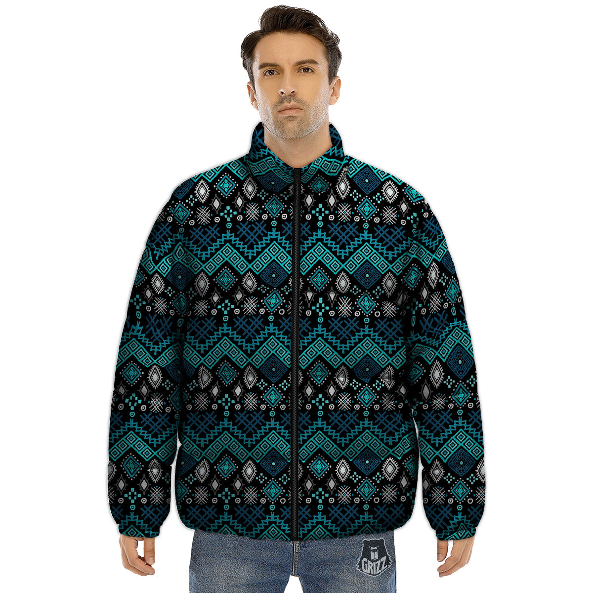 Geometric Turquoise Aztec Print Pattern Puffer Jacket-grizzshop