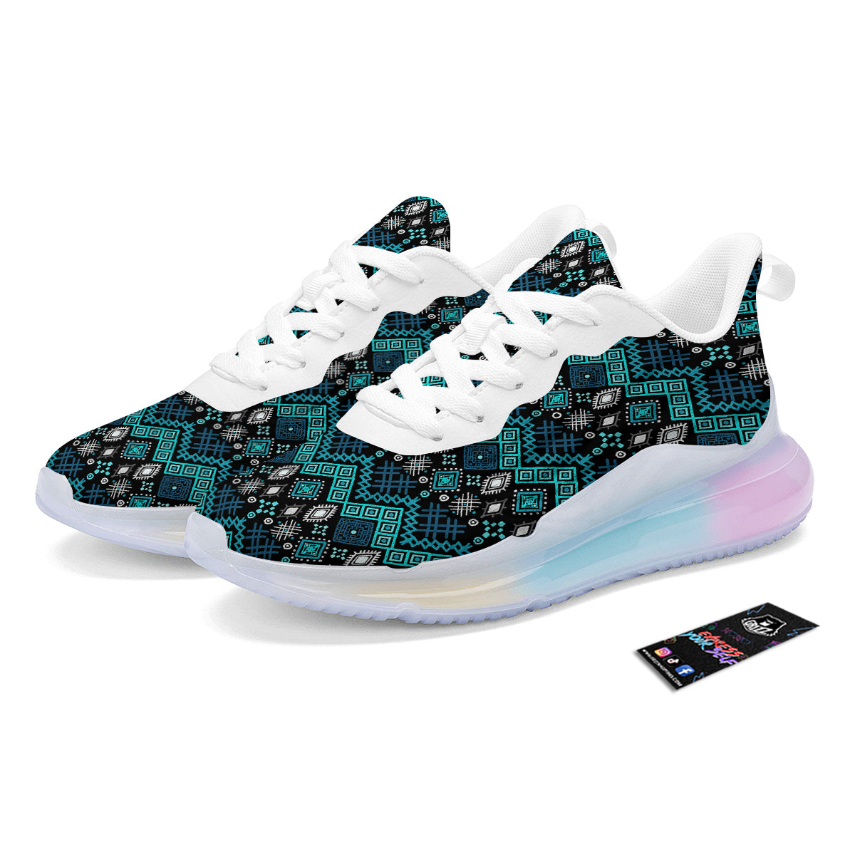 Geometric Turquoise Aztec Print Pattern Running Sneakers-grizzshop