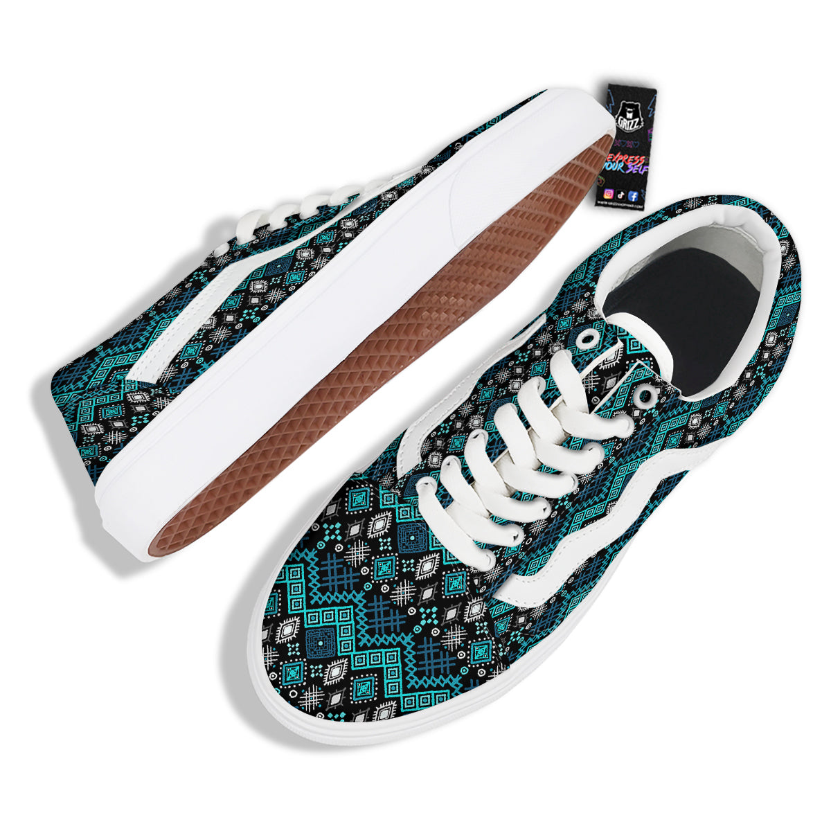 Geometric Turquoise Aztec Print Pattern Skate Shoes-grizzshop