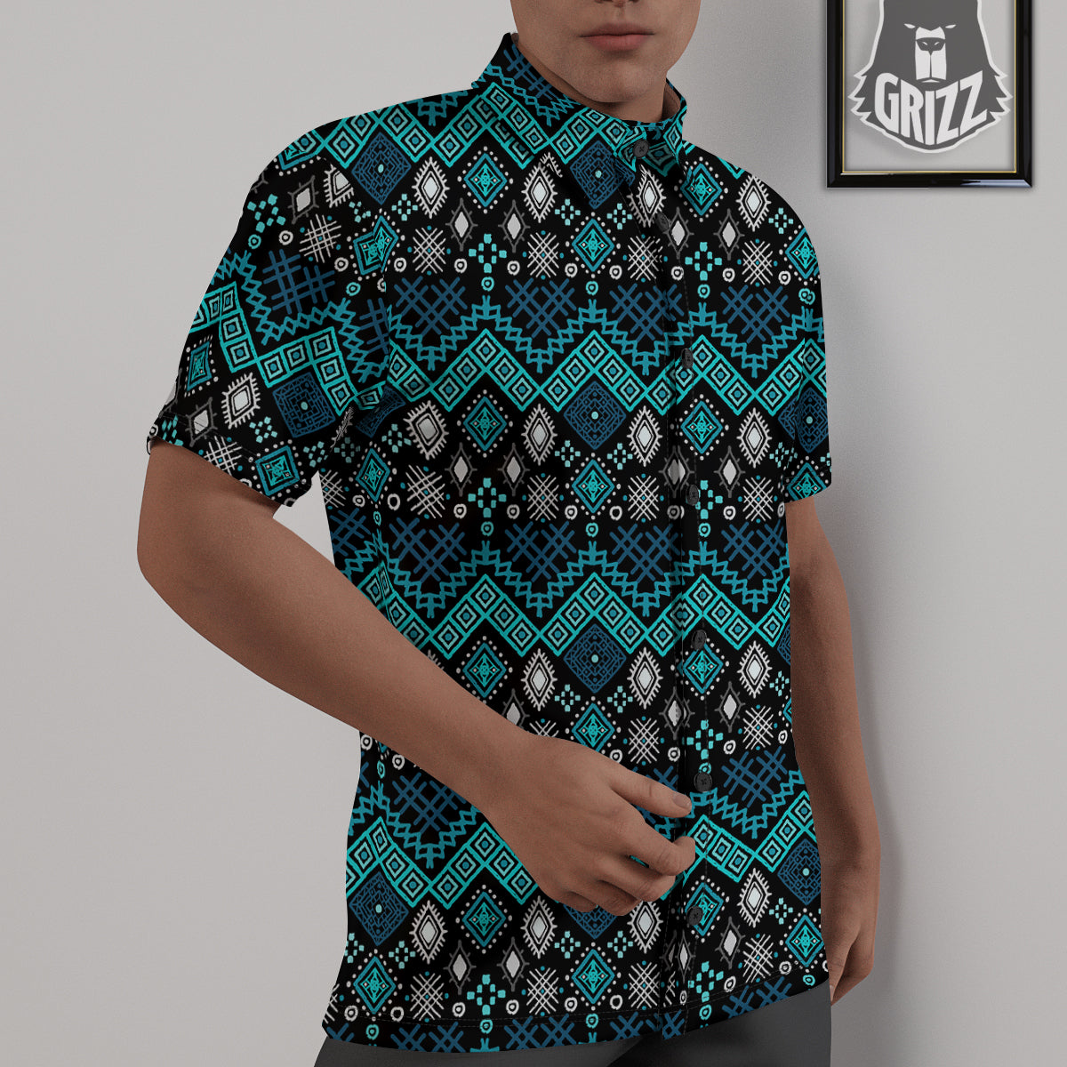 Geometric Turquoise Aztec Print Pattern Untucked Shirts-grizzshop