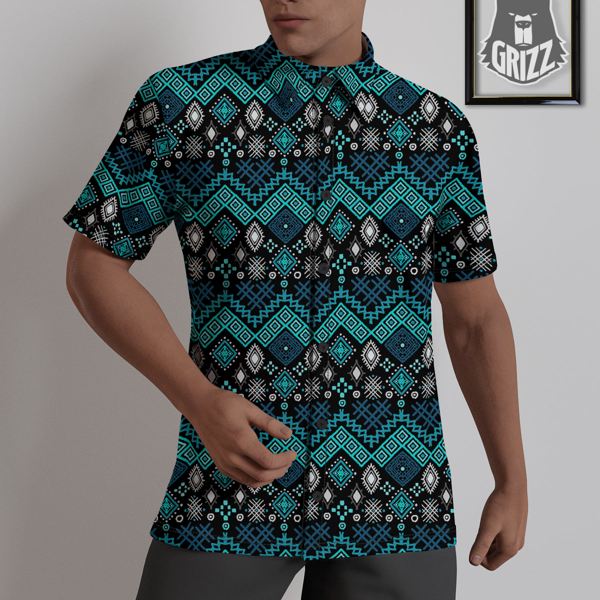 Geometric Turquoise Aztec Print Pattern Untucked Shirts-grizzshop