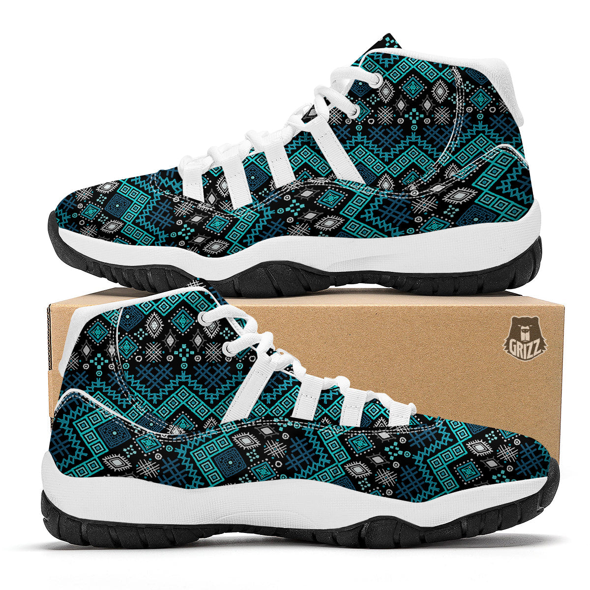 Geometric Turquoise Aztec Print Pattern White Bball Shoes-grizzshop