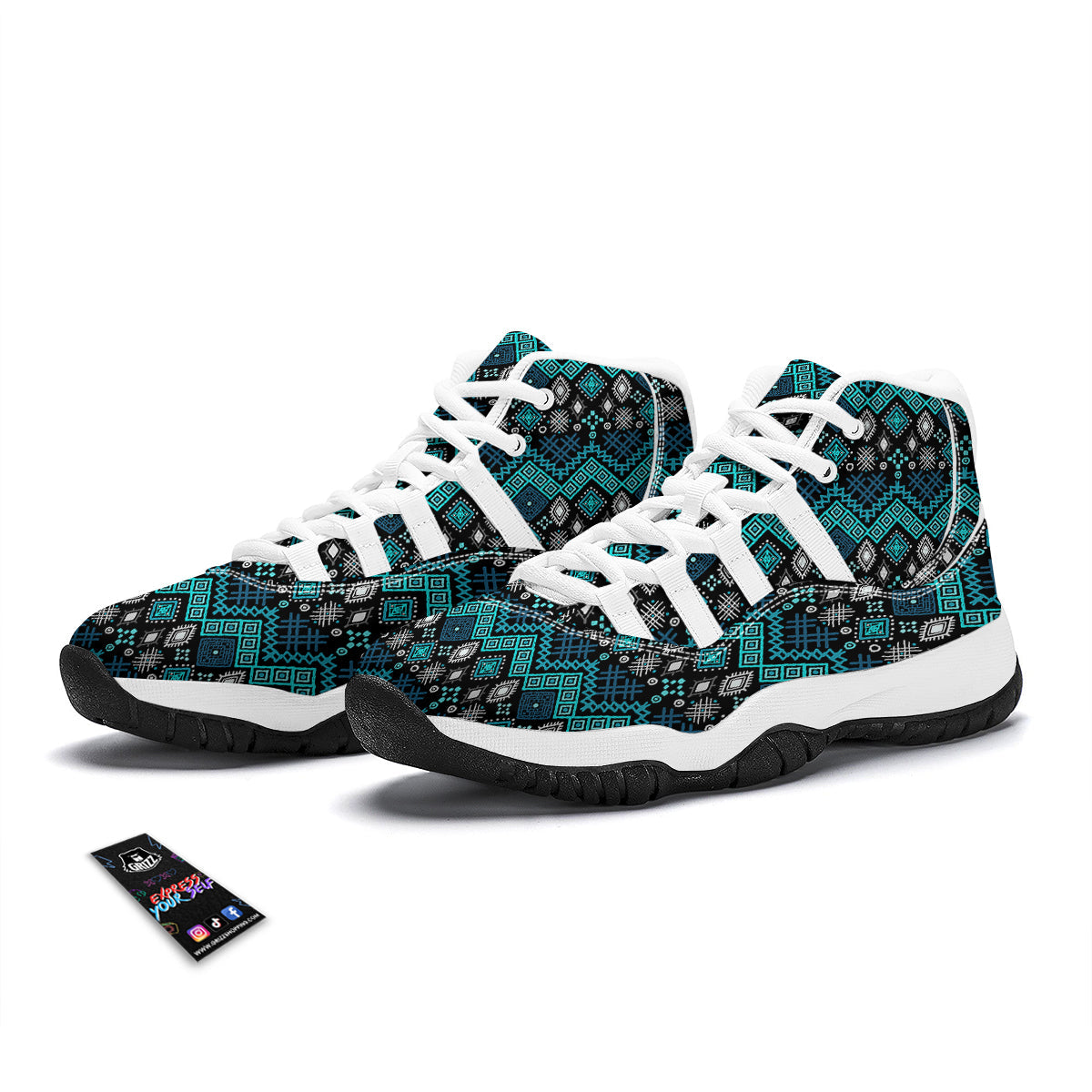 Geometric Turquoise Aztec Print Pattern White Bball Shoes-grizzshop