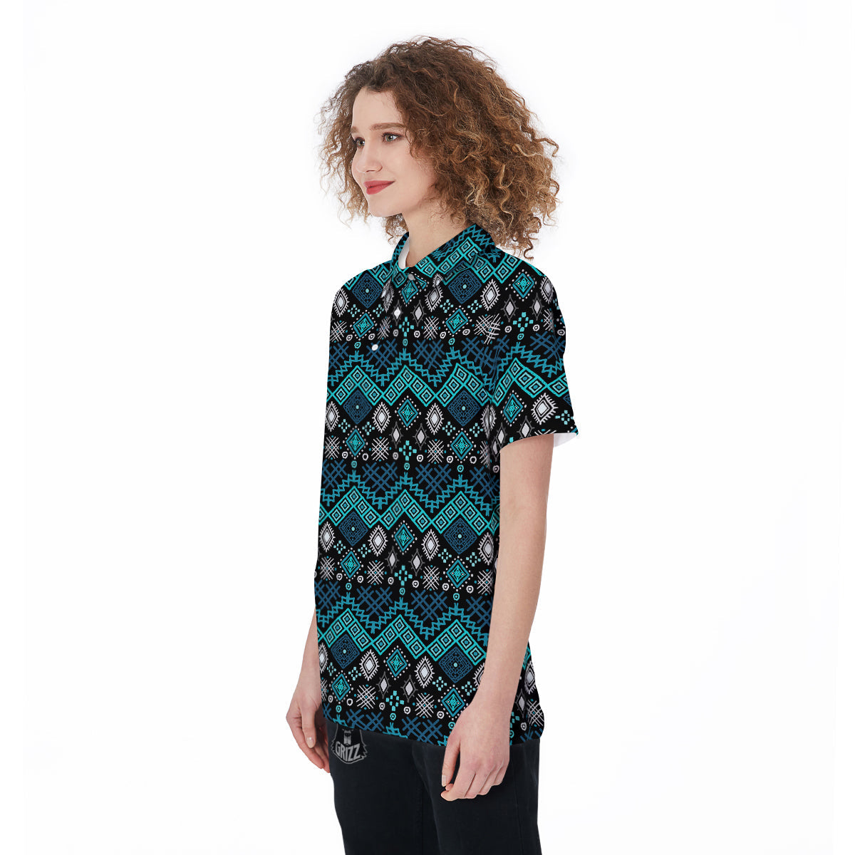 Geometric Turquoise Aztec Print Pattern Women's Golf Shirts-grizzshop