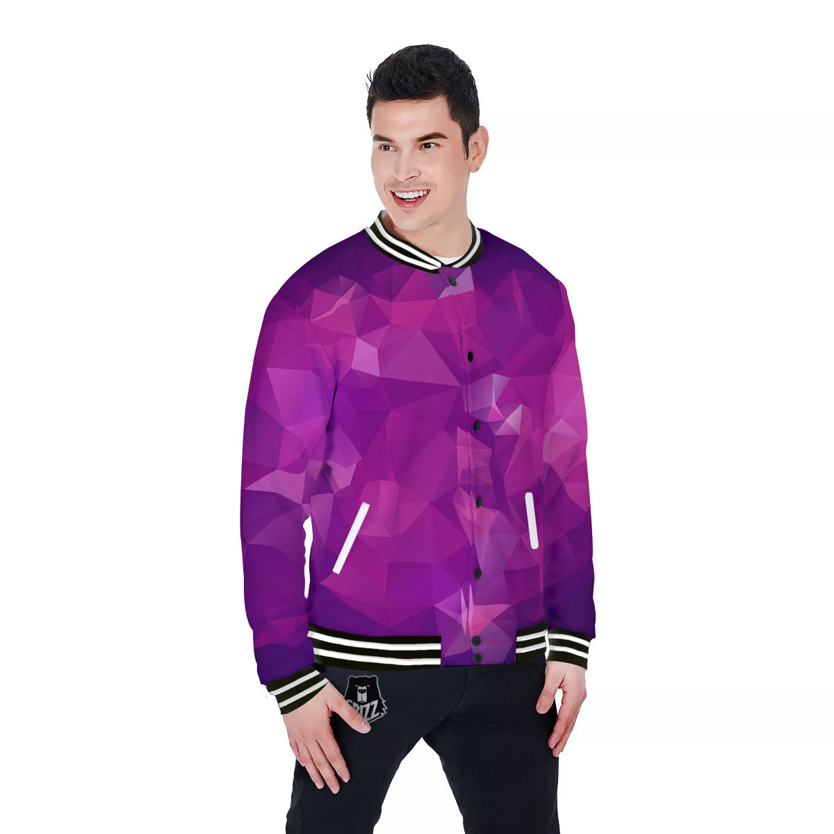 Geometric Violet Polygonal Print Baseball Jacket-grizzshop