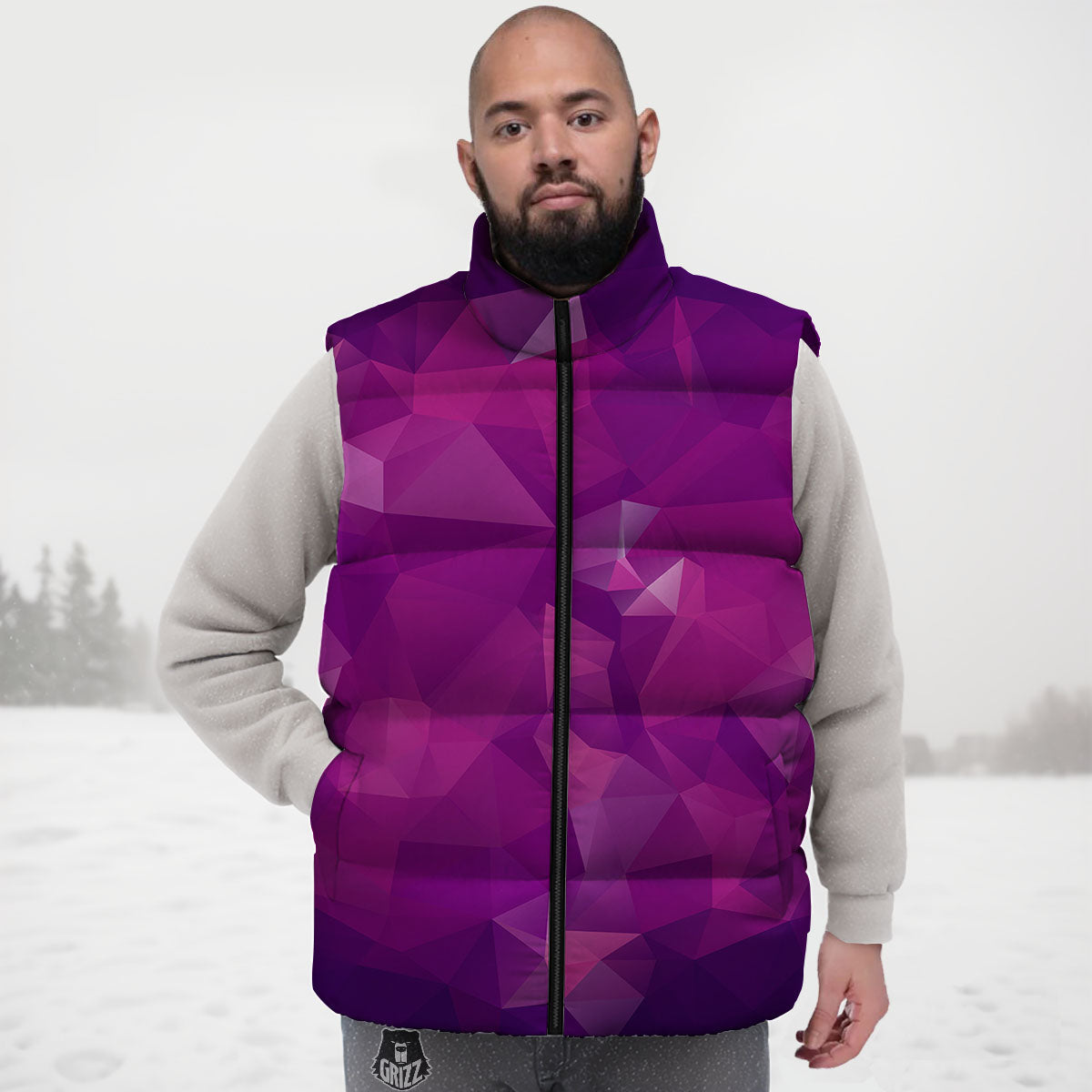 Geometric Violet Polygonal Print Down Vest-grizzshop