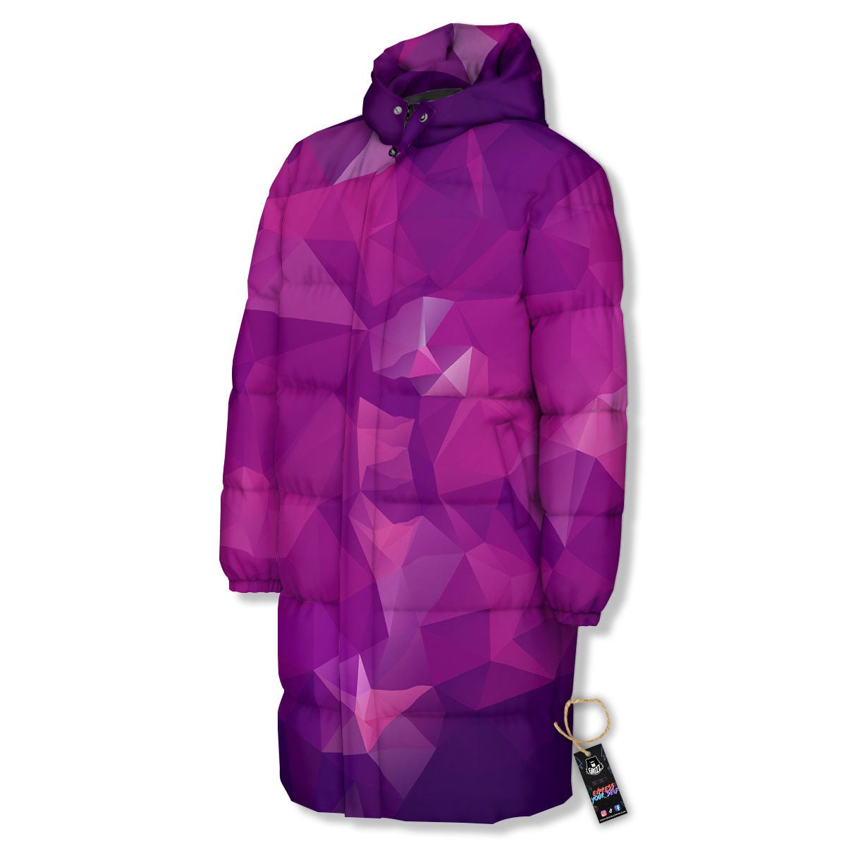 Geometric Violet Polygonal Print Long Down Jacket-grizzshop