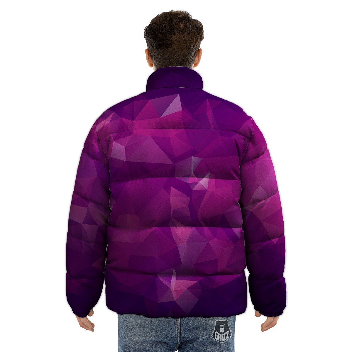 Geometric Violet Polygonal Print Puffer Jacket-grizzshop