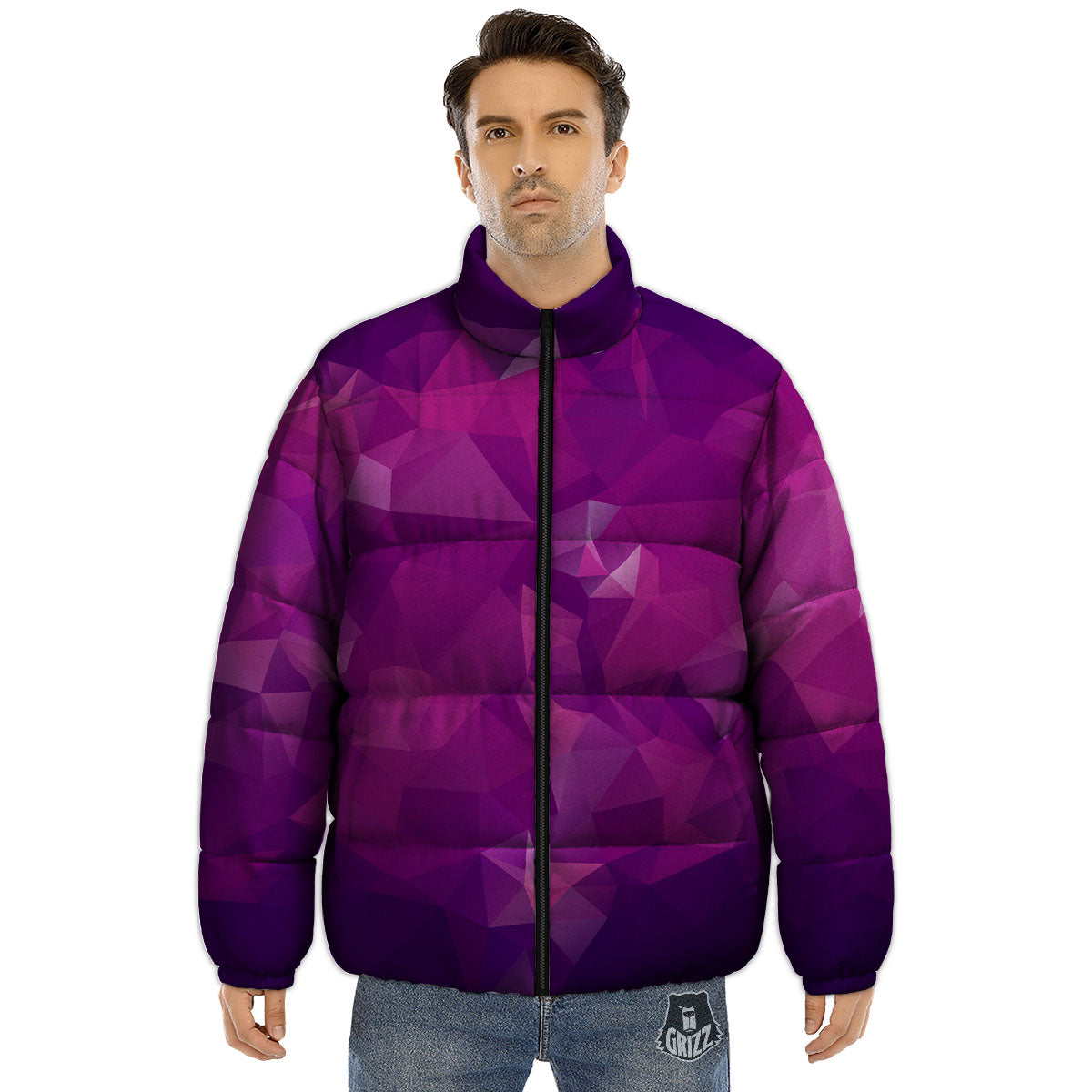Geometric Violet Polygonal Print Puffer Jacket-grizzshop
